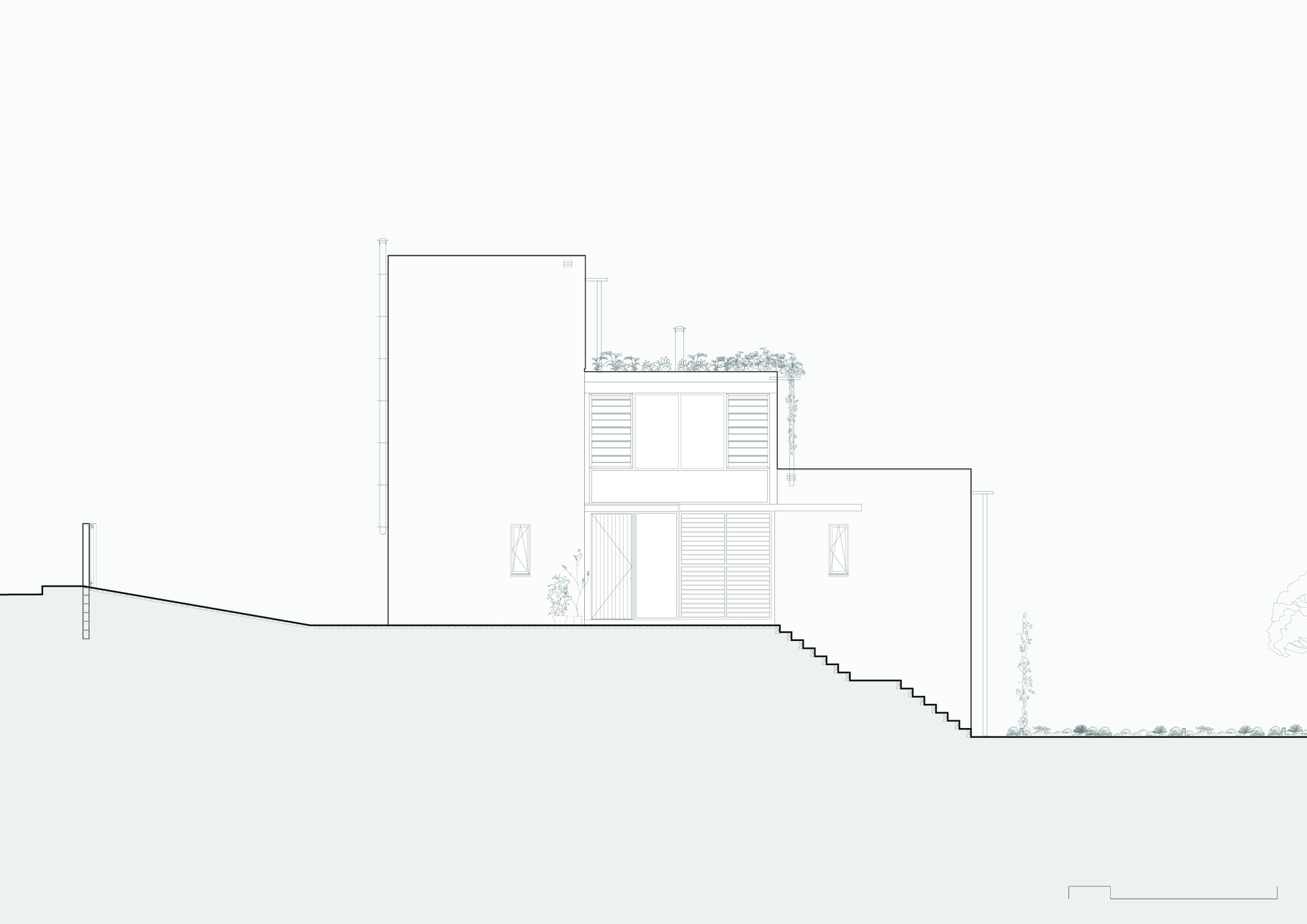 Section drawing showing stepped volumes descending a sloped site with planted roof terraces