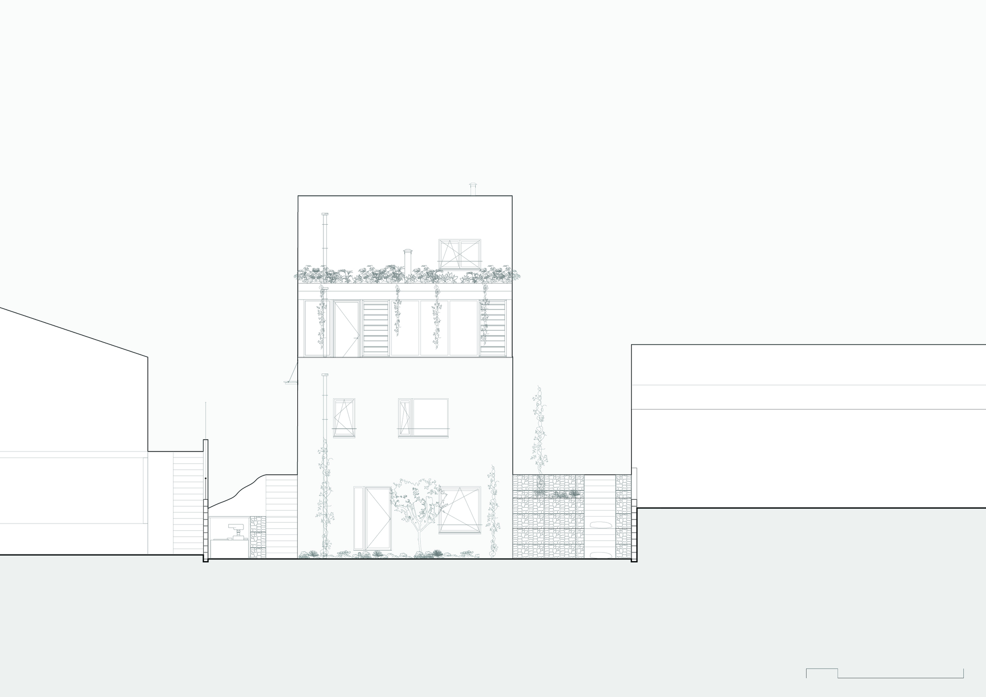 Elevation drawing depicting a multi-story facade with louvered panels and surrounding vegetation