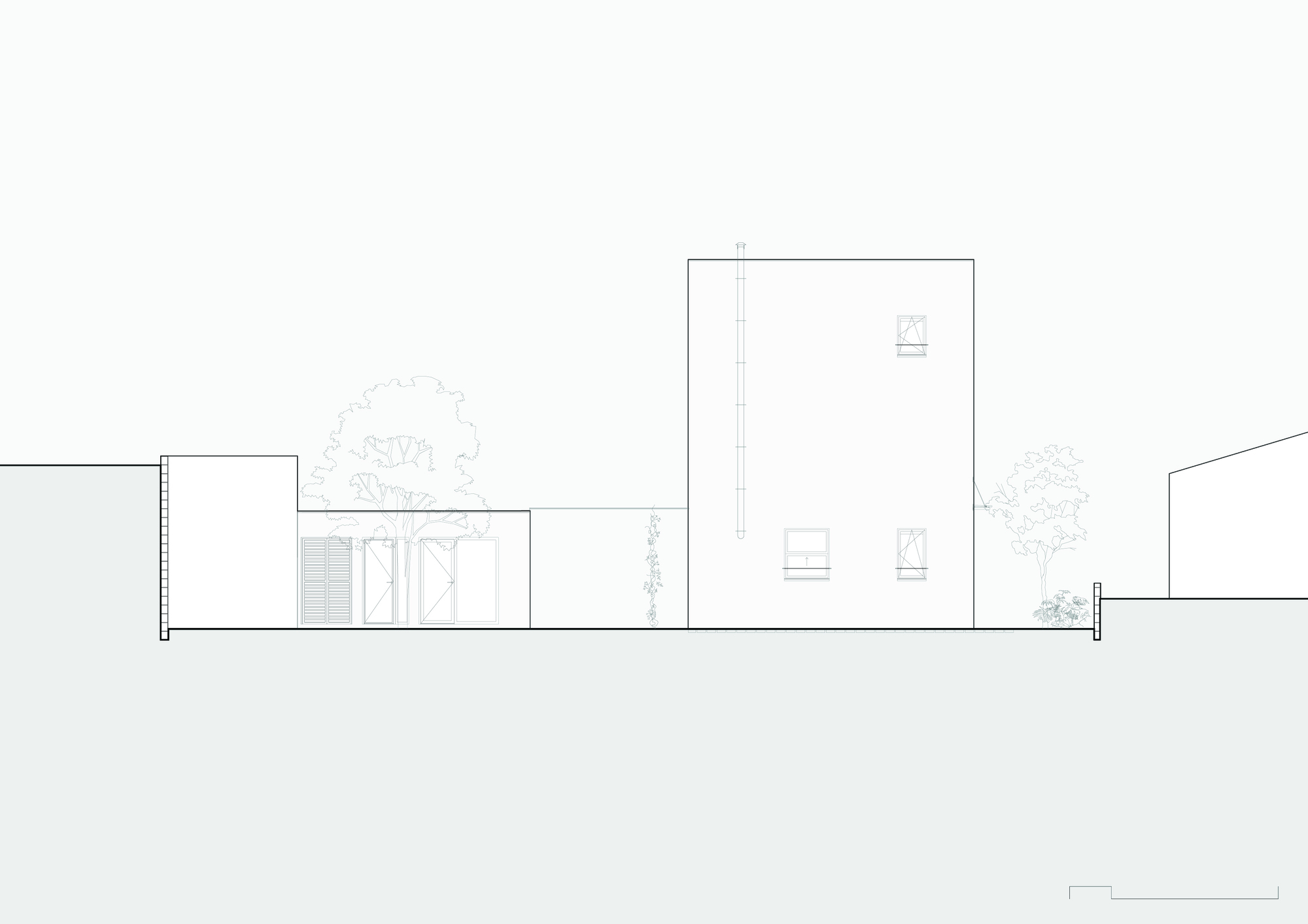 Section drawing showing single-story volumes with a tall vertical volume and mature trees