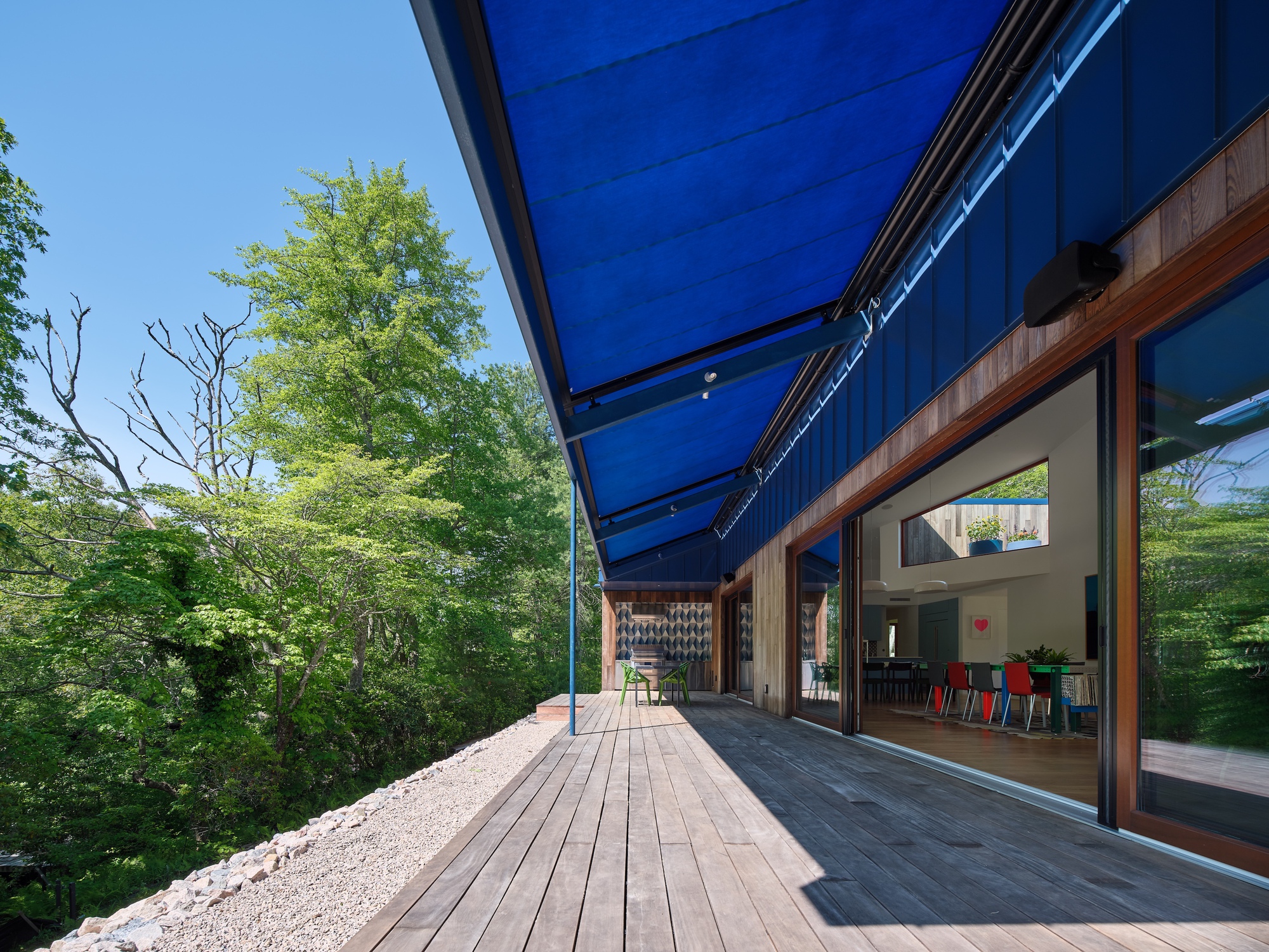 Timber deck terrace beneath a cantilevered blue metal roof surrounded by leafy spring trees