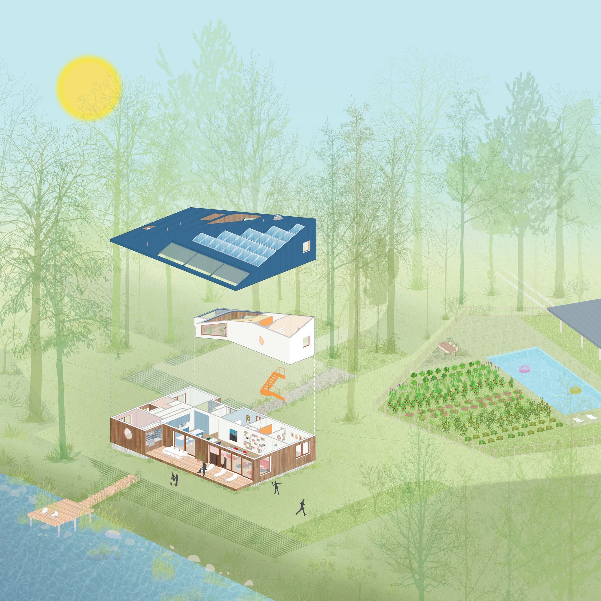 Axonometric drawing showing exploded roof, floor plan, and site with garden and pond