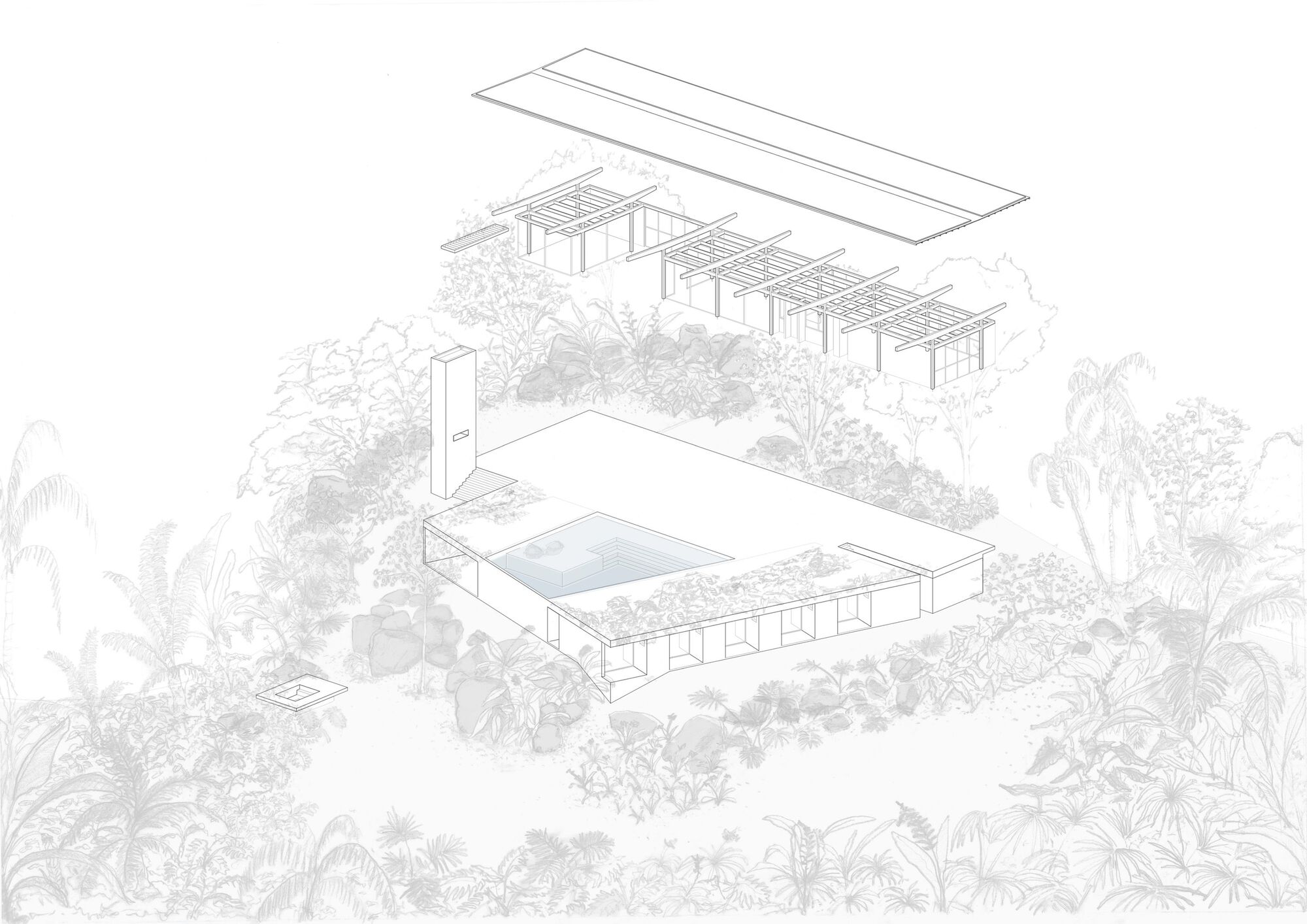 Axonometric drawing showing two connected pavilions with central courtyard pool surrounded by landscaping