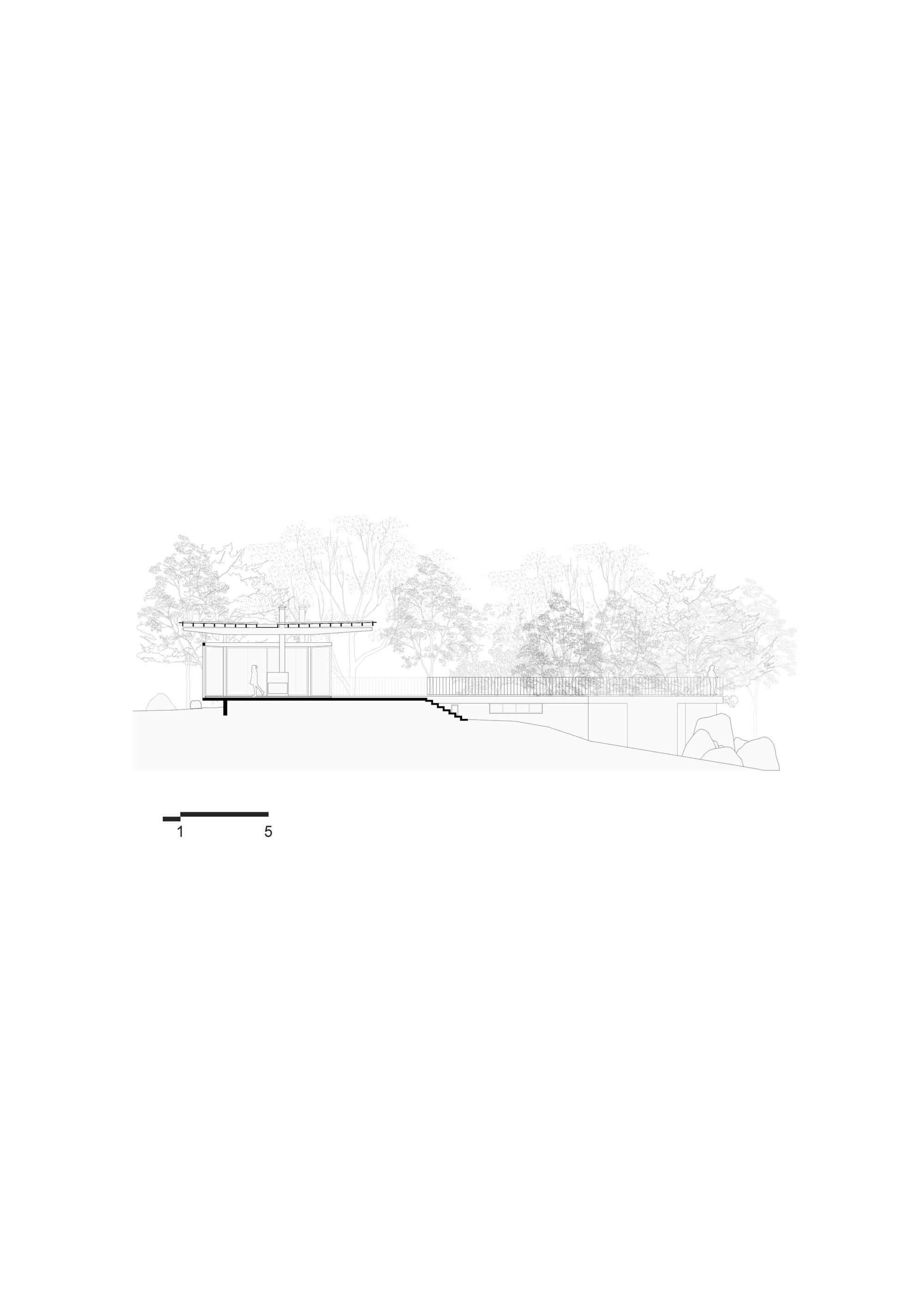 Section drawing showing flat-roofed pavilion partially embedded in sloped terrain with trees beyond