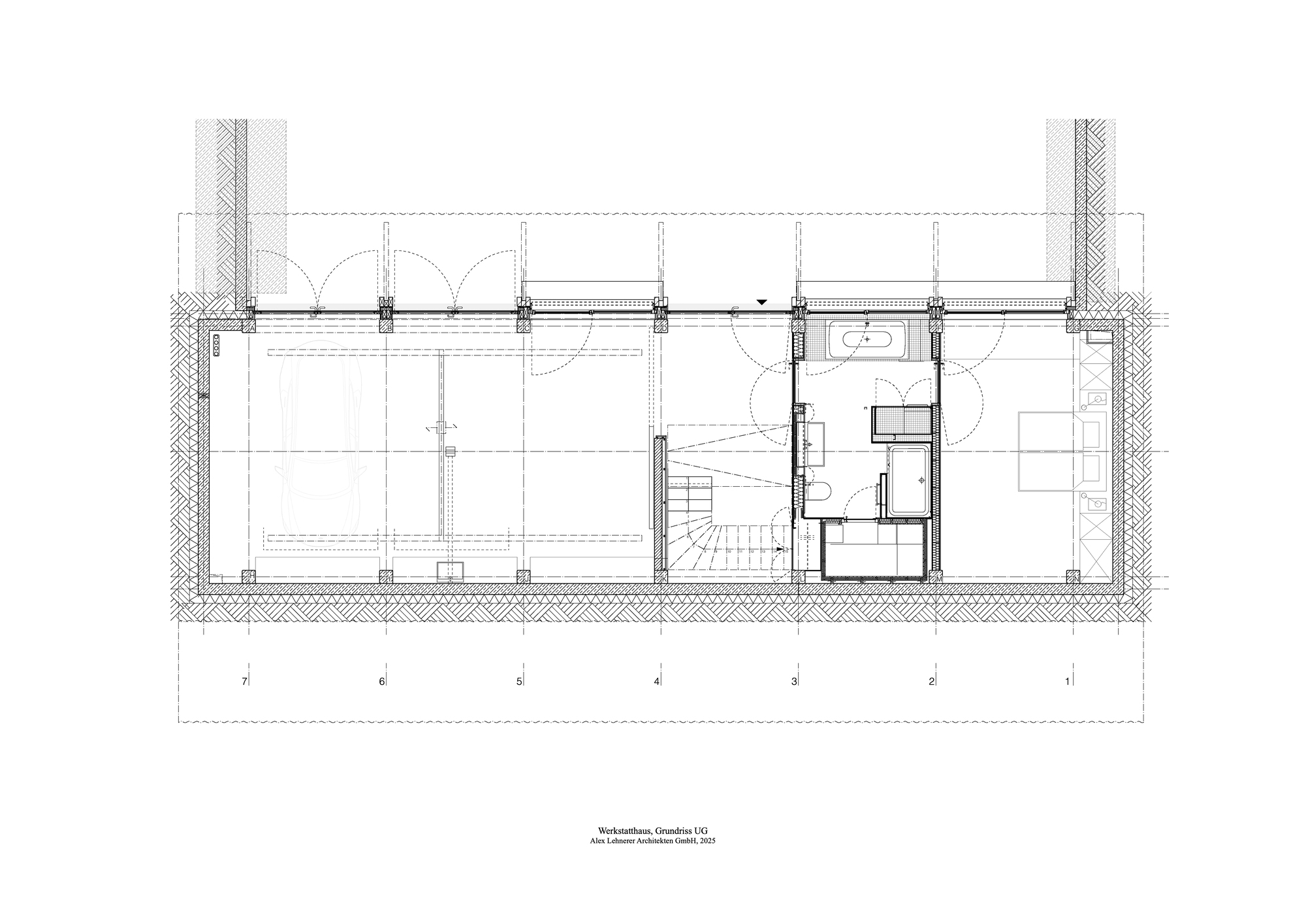Floor plan drawing showing upper level with bathroom facilities and staircase at one end