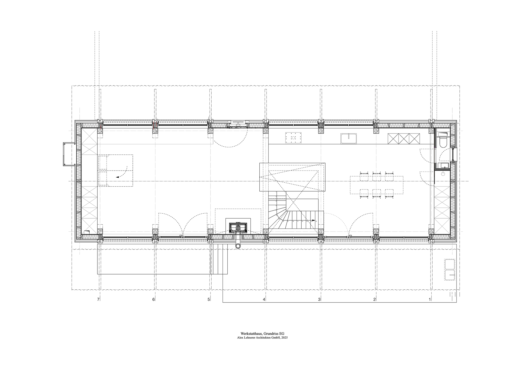Ground floor plan drawing displaying open workspace with central staircase and kitchen area