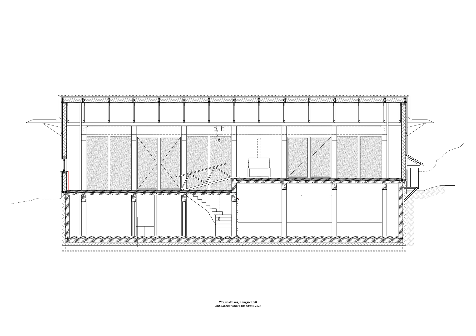 Longitudinal section drawing illustrating two-story interior volume with exposed roof structure and staircase
