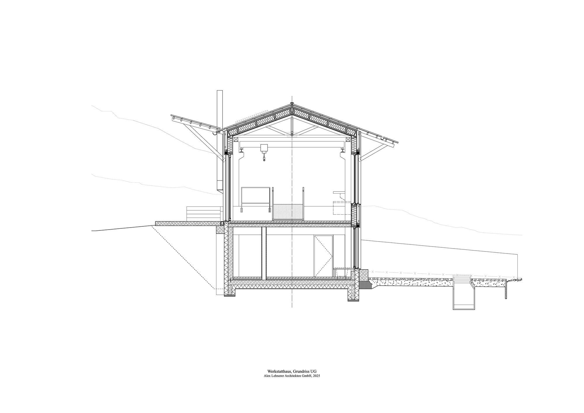 Transverse section drawing showing sloped site with two-story volume and pitched roof structure