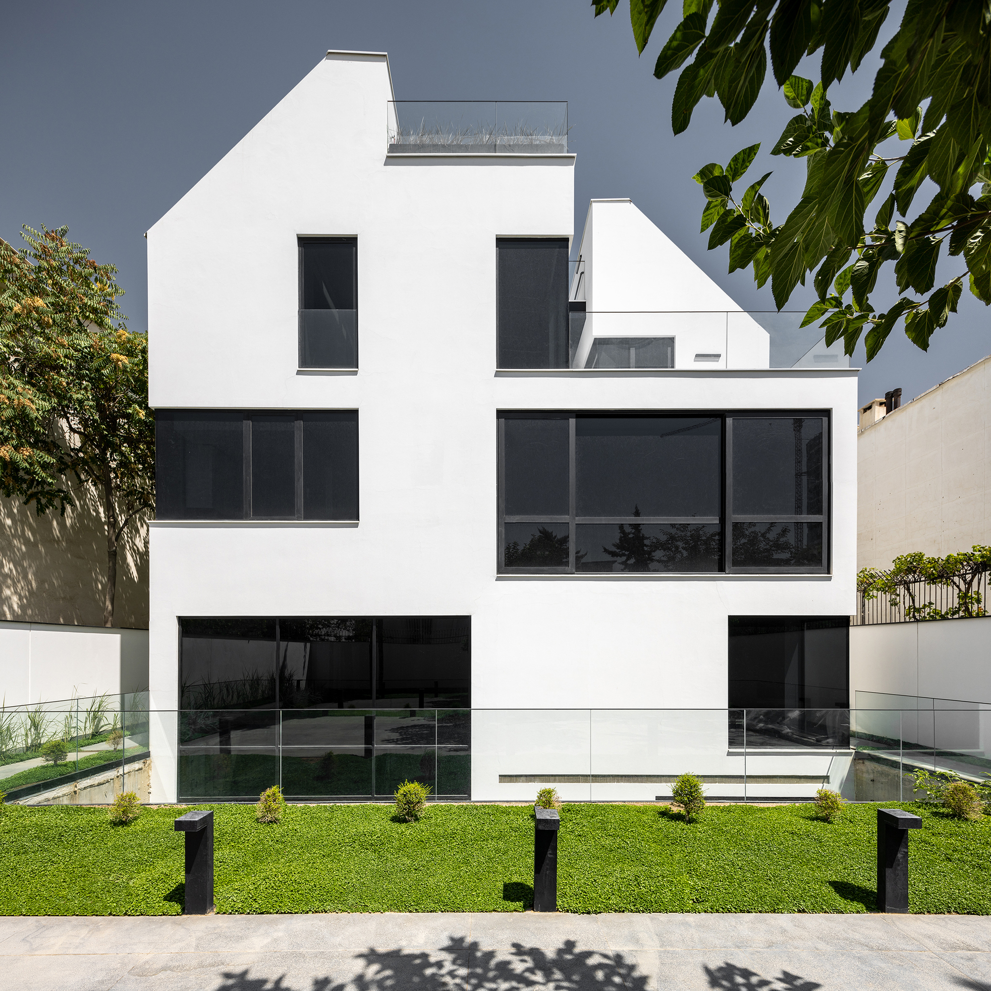 White rendered facade with dark glazing and lawn garden framed by overhanging tree branches