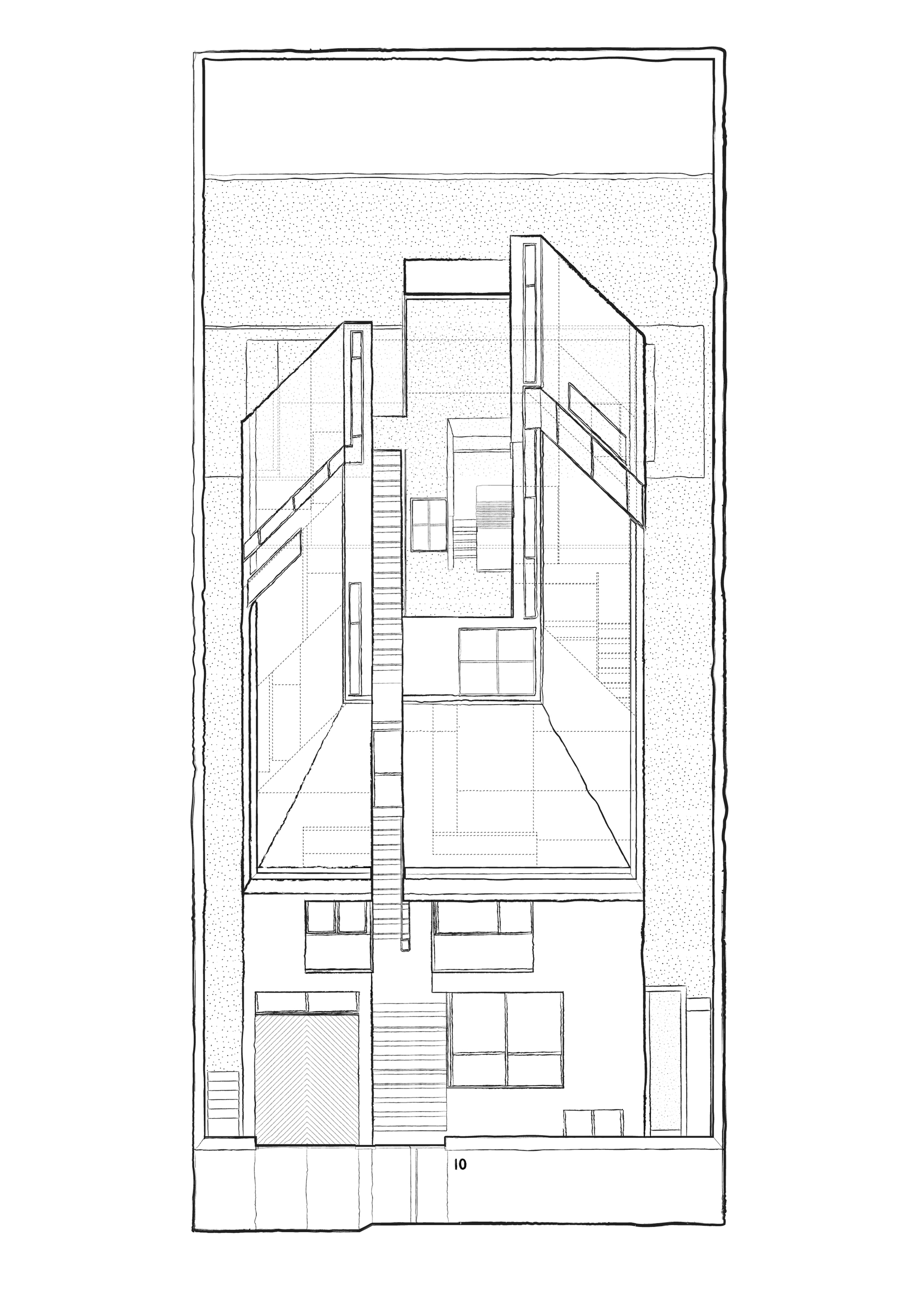 Section drawing showing vertical circulation through multilevel interior spaces with a central void