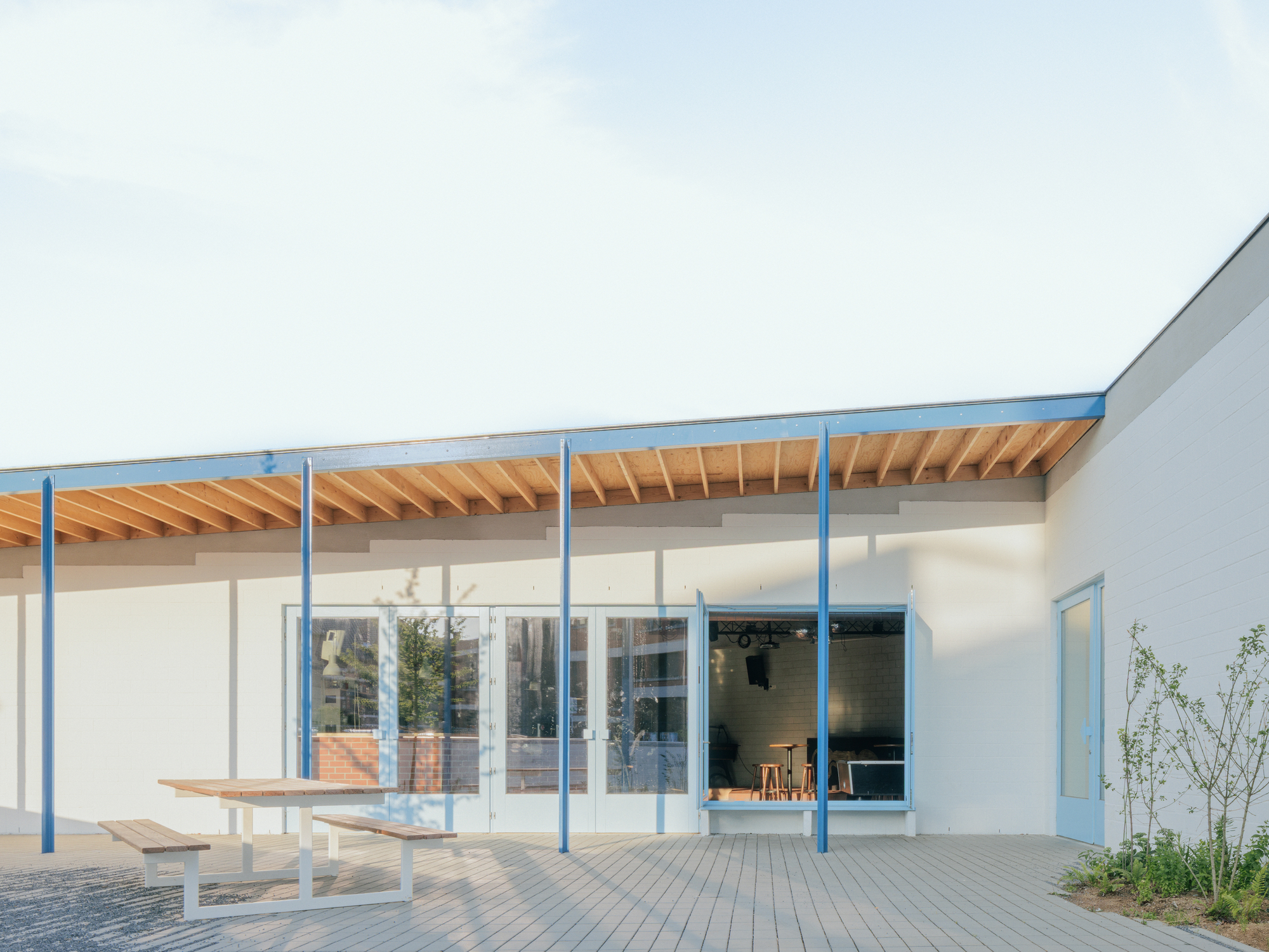 Covered terrace with exposed timber rafters and blue steel columns facing a paved courtyard and planted beds