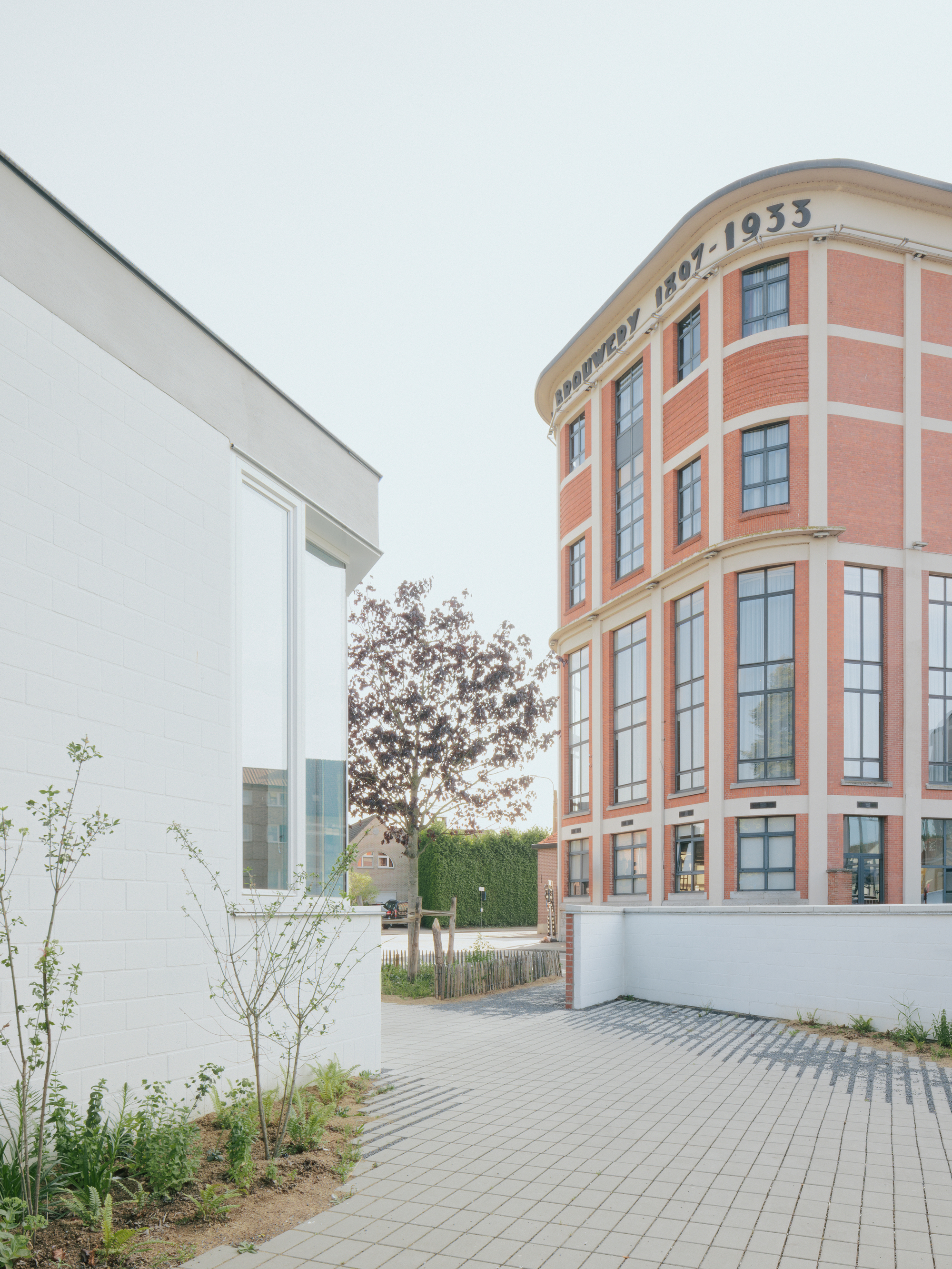 Paved courtyard between white volume and curved brick facade with young trees