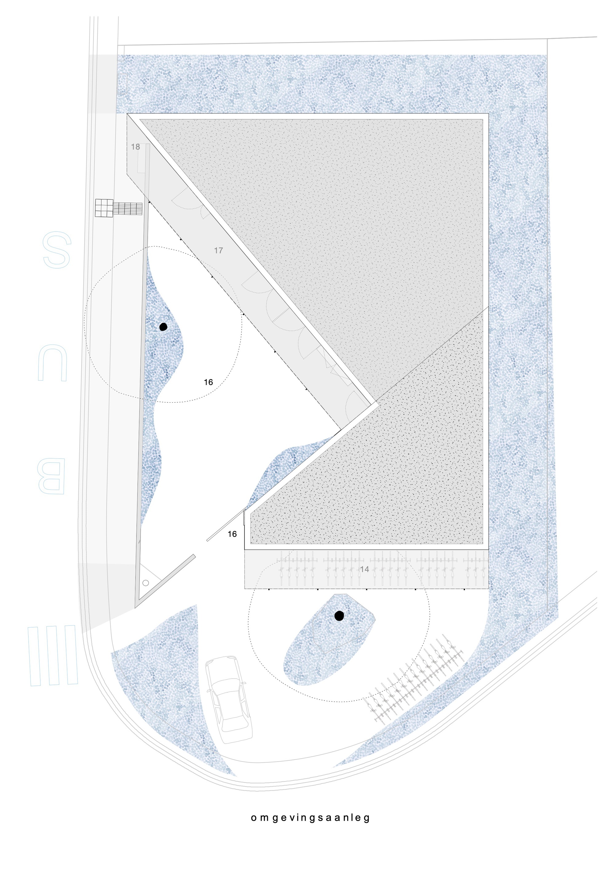 Site plan drawing showing a diagonal rectangular building with circular landscape elements and surrounding paved areas