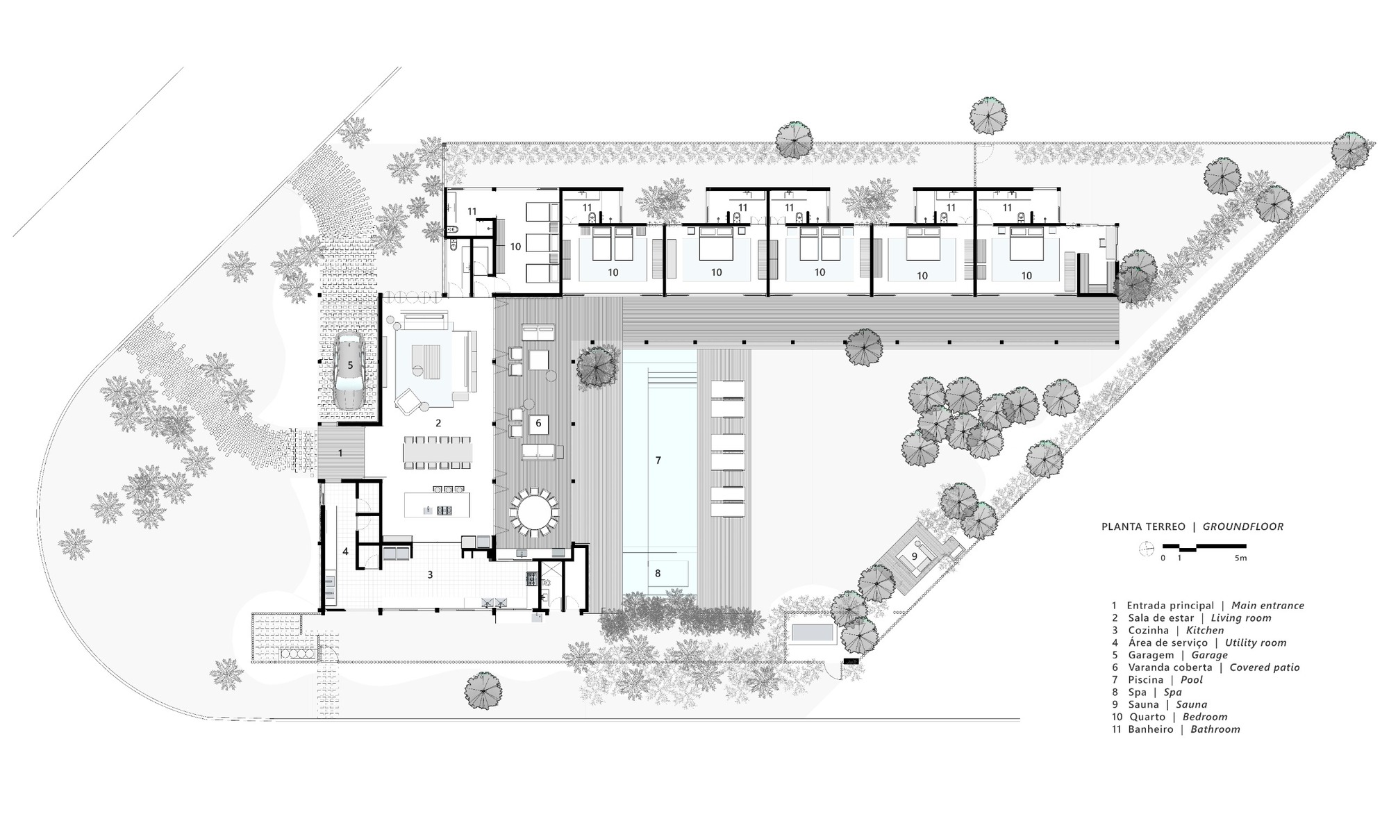 Site plan showing residential units along the upper edge, a central pool, and clustered trees throughout the property