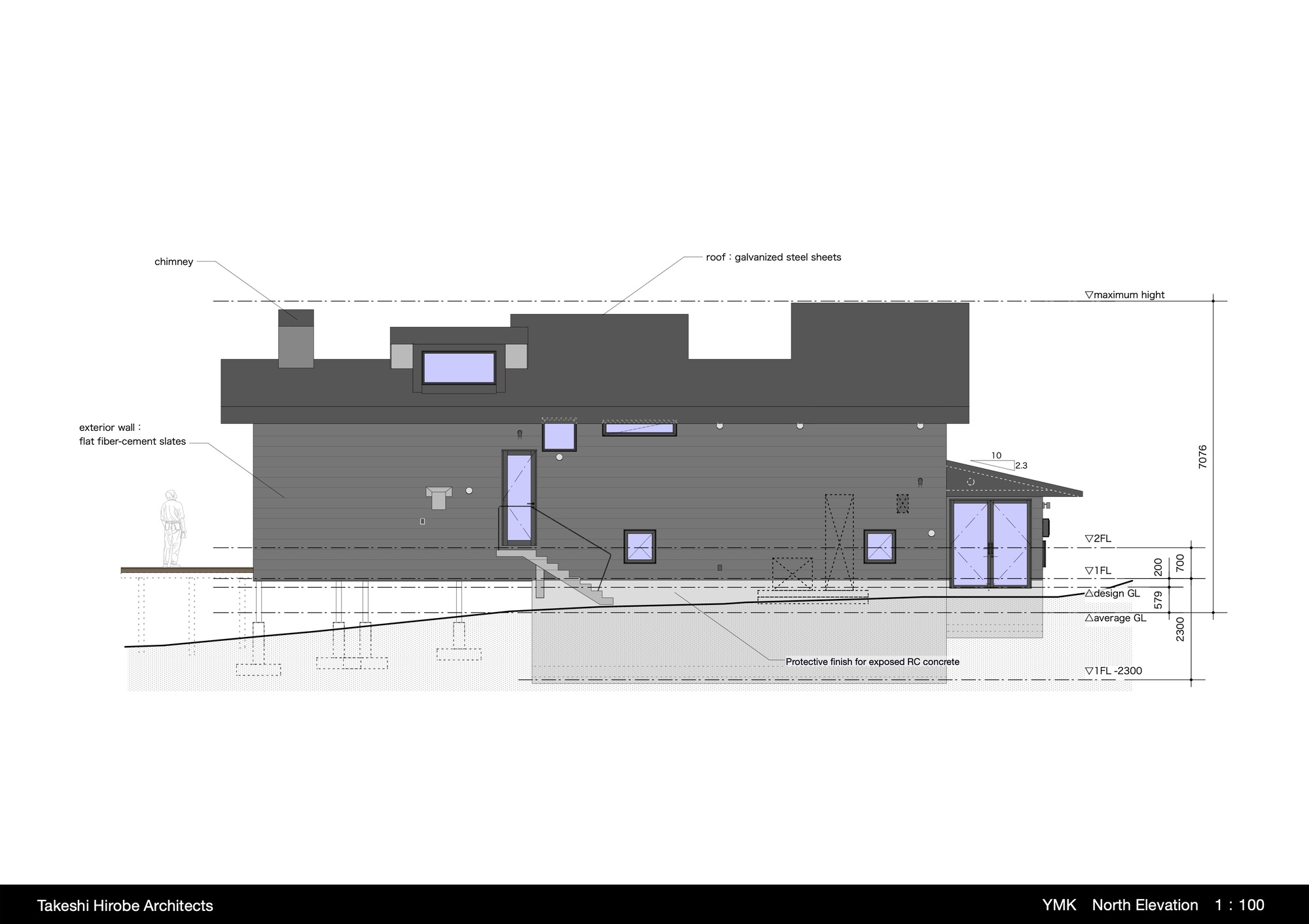 North elevation drawing showing staggered volumes with flat fiber-cement slates and galvanized steel roof