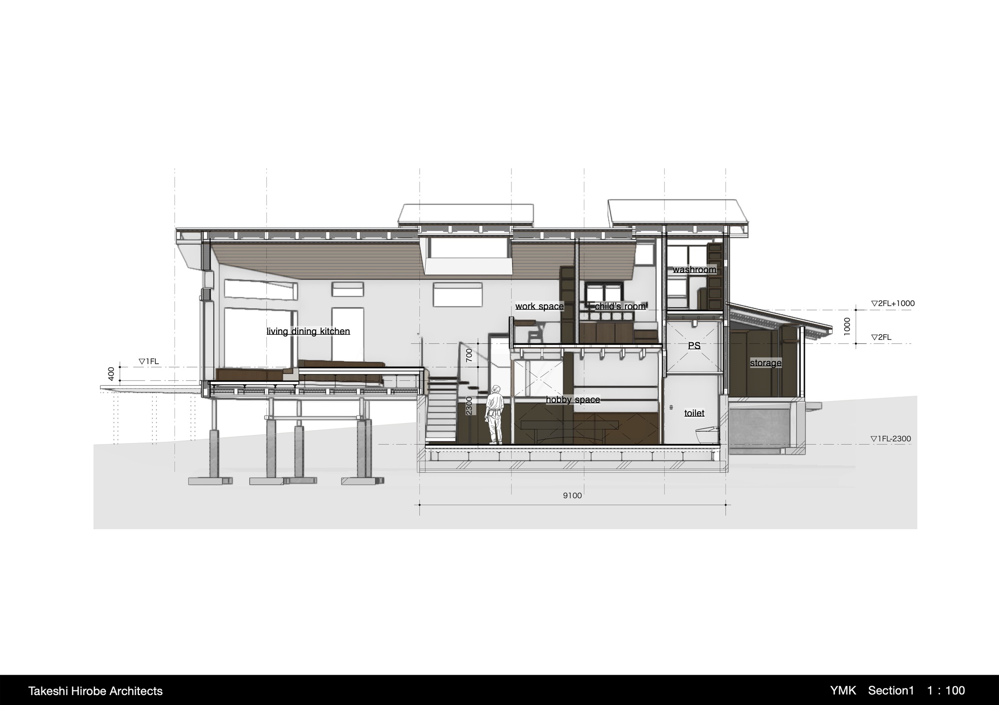 Section drawing revealing living dining kitchen and work station across split levels with staircase