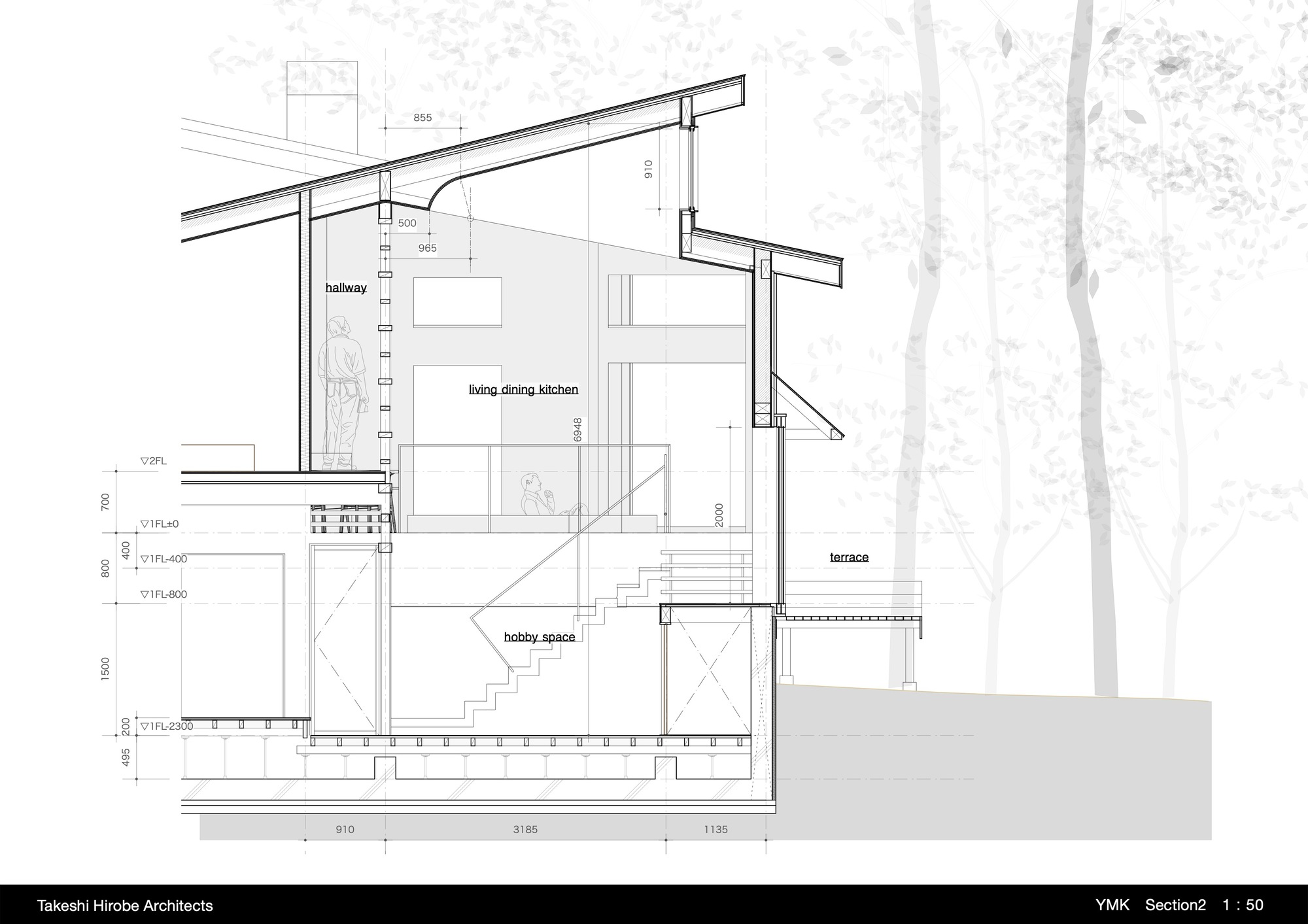 Detail section drawing showing lobby space hallway and terrace with faint tree silhouettes outside