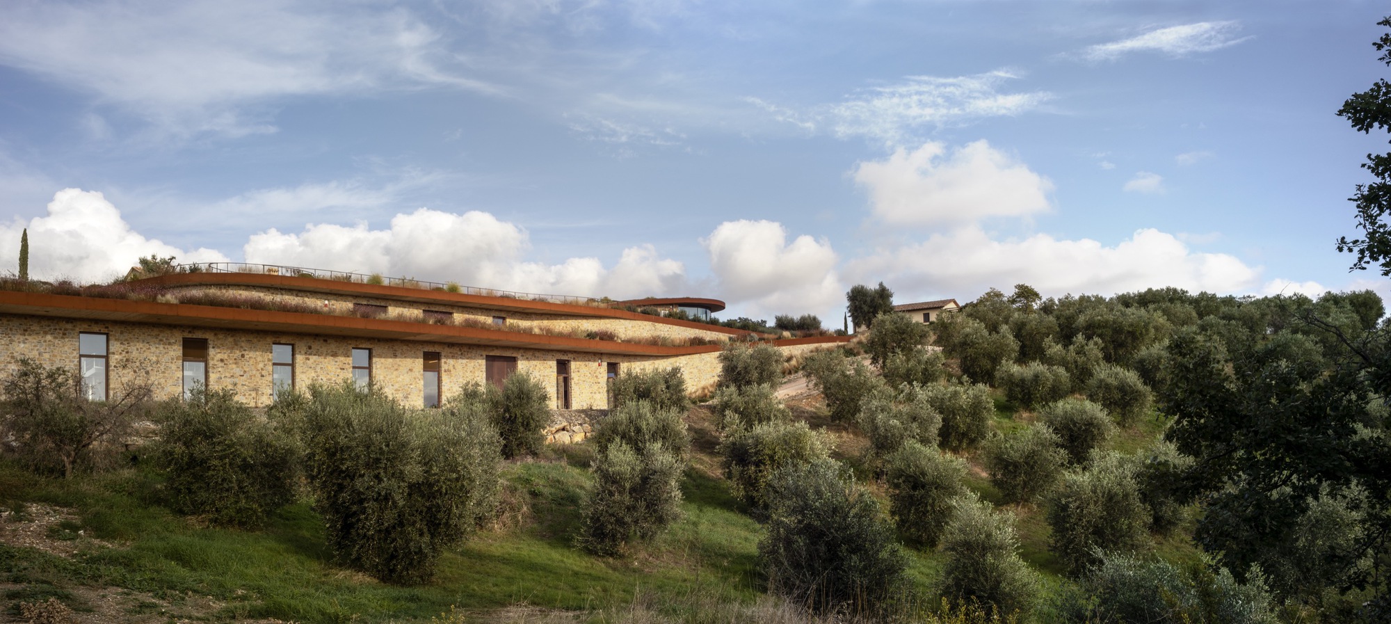 Long stone facade with a curved roof set into a hillside planted with olive trees