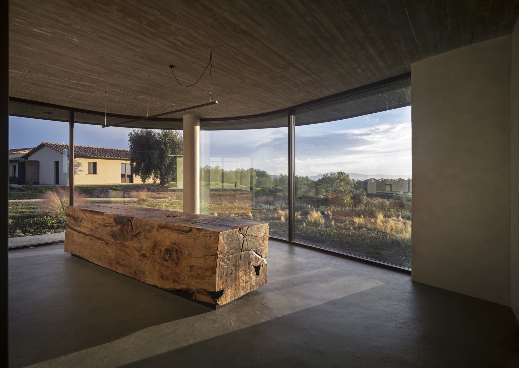 Interior with raw timber slab and curved glass walls framing olive groves and golden afternoon light