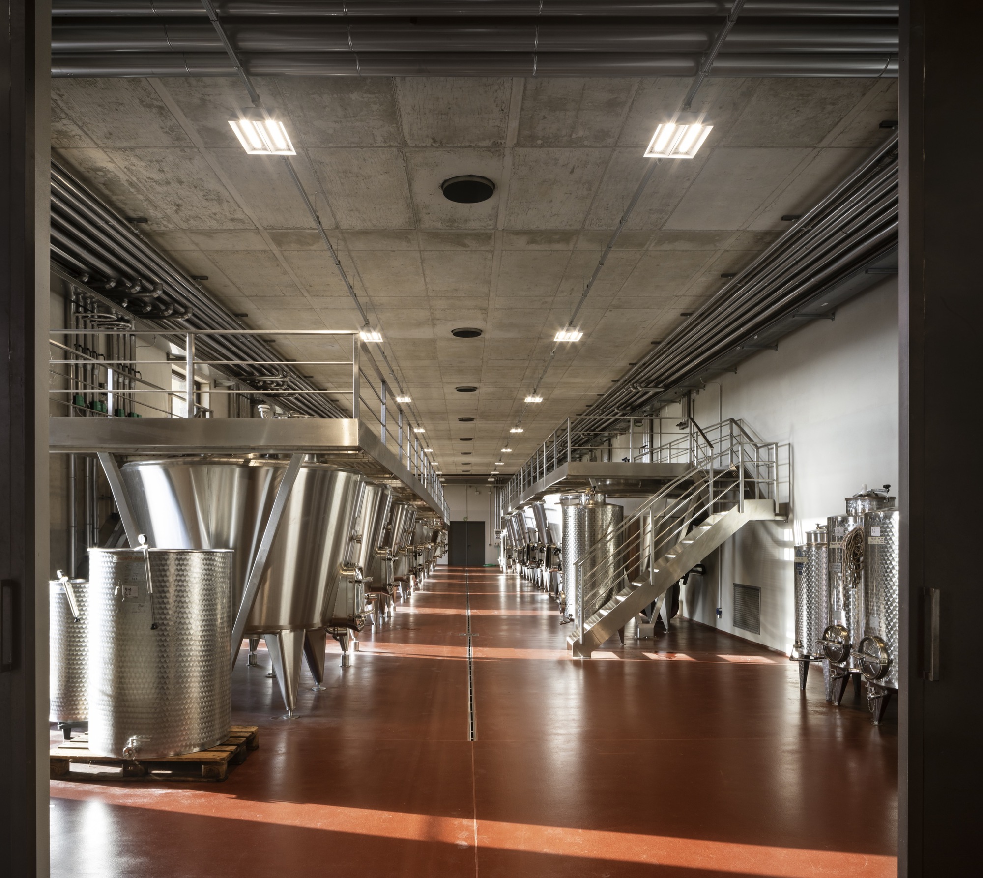 Production hall with stainless steel fermentation tanks beneath exposed concrete ceiling and mezzanine walkways