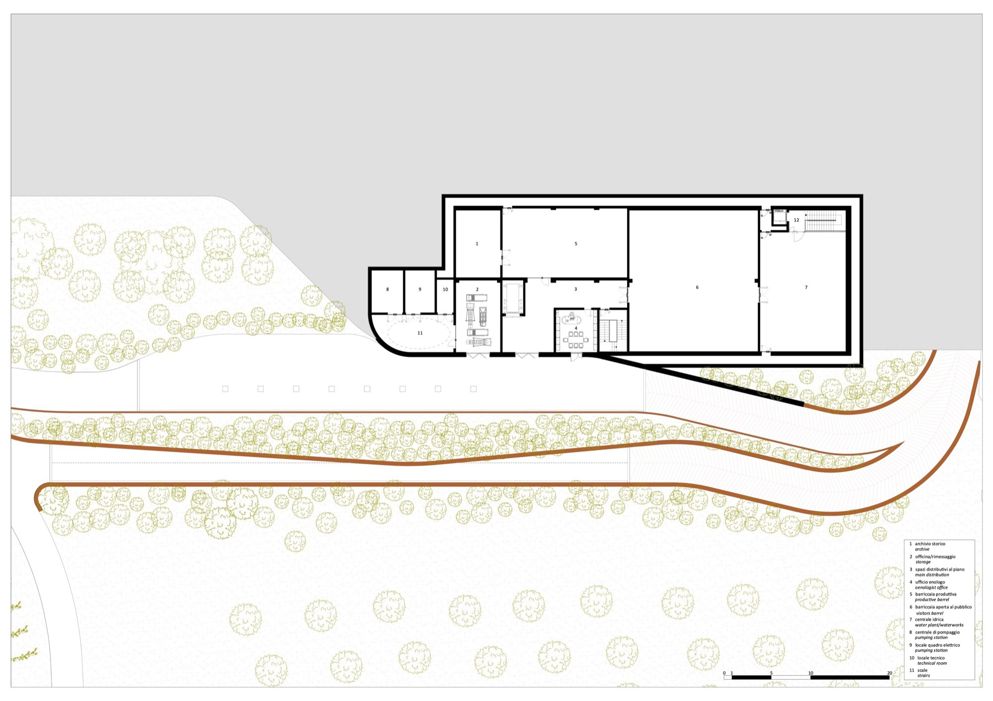 Floor plan showing storage spaces and service rooms adjacent to planted terraces