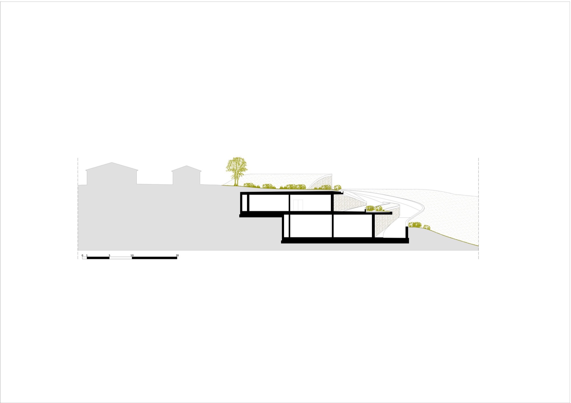 Section drawing illustrating stepped interior levels following the descending topography with roof planting above