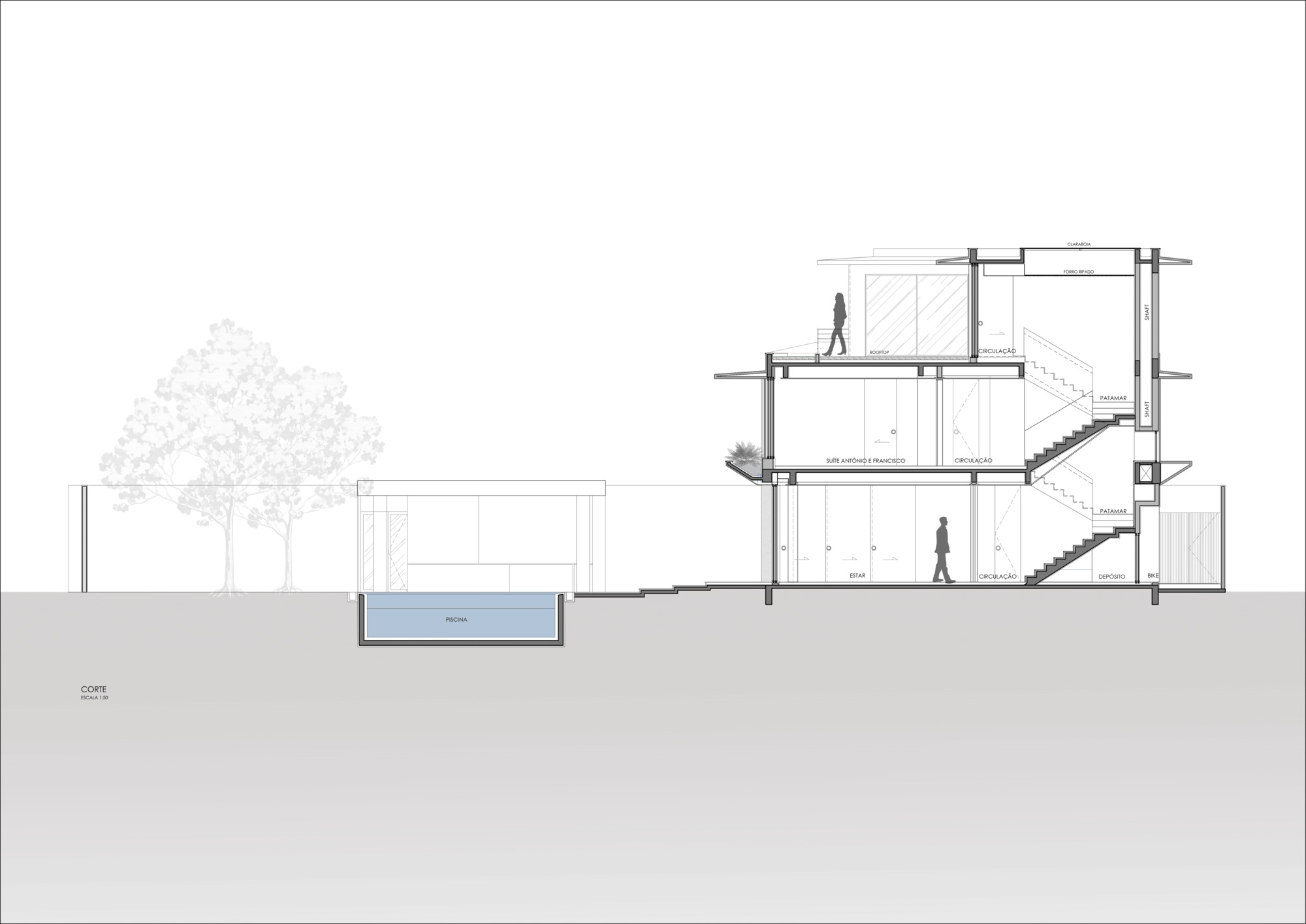 Section drawing through a multi-level residence showing stairs, pool, and a tree in the landscape