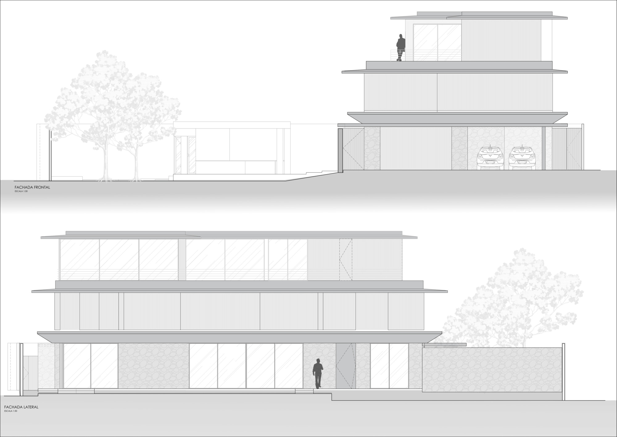 Elevation drawings showing front and lateral facades of a stacked three-level volume with trees