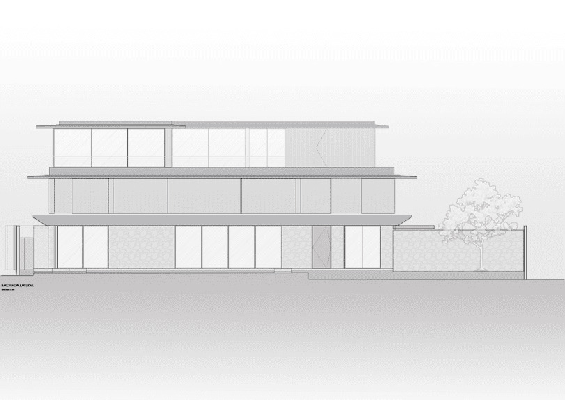 Elevation drawing of a three-storey building with horizontal slabs and glazed facades plus a tree outline