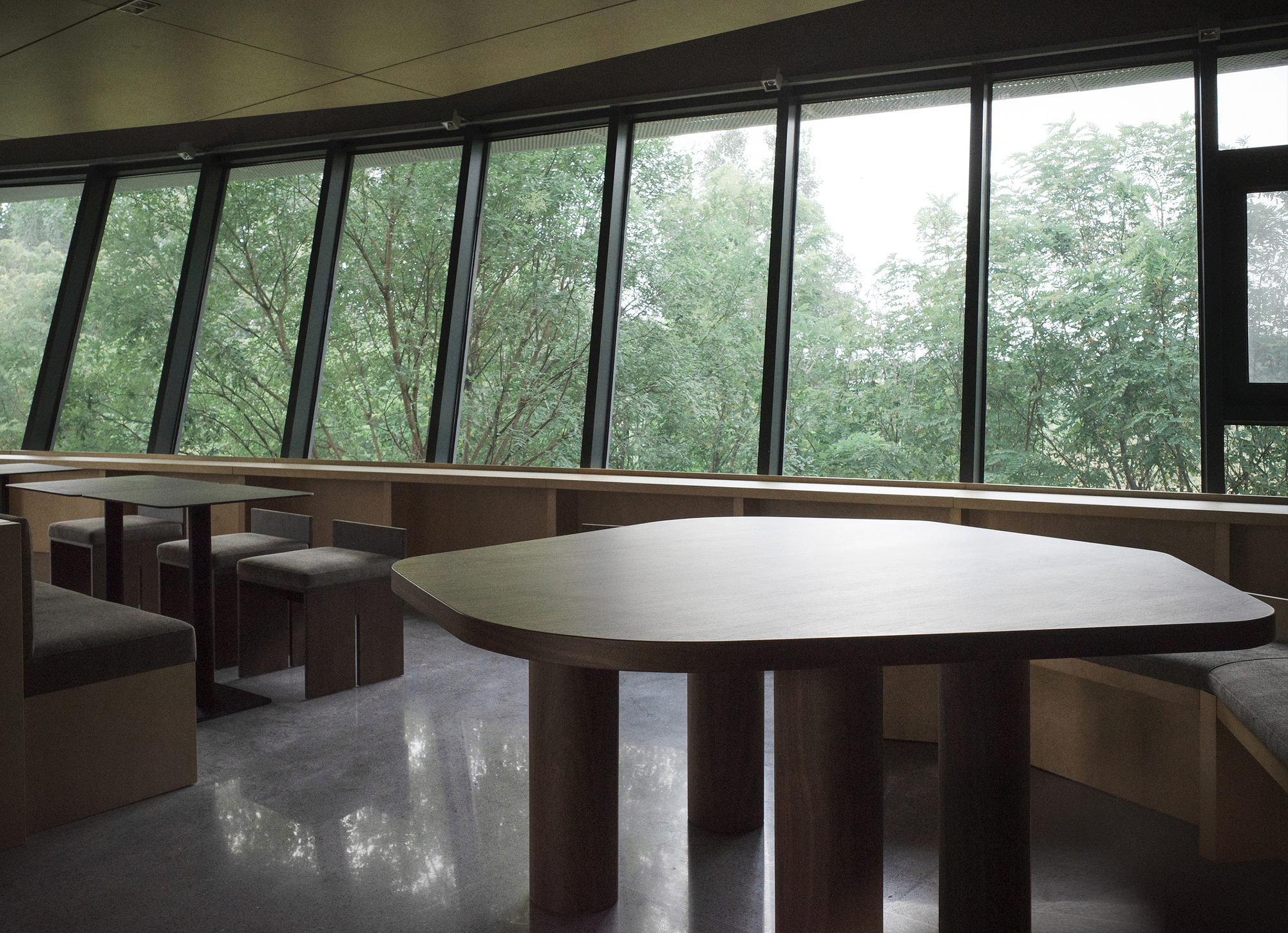 Interior dining space with curved timber table and angled window wall overlooking dense green foliage
