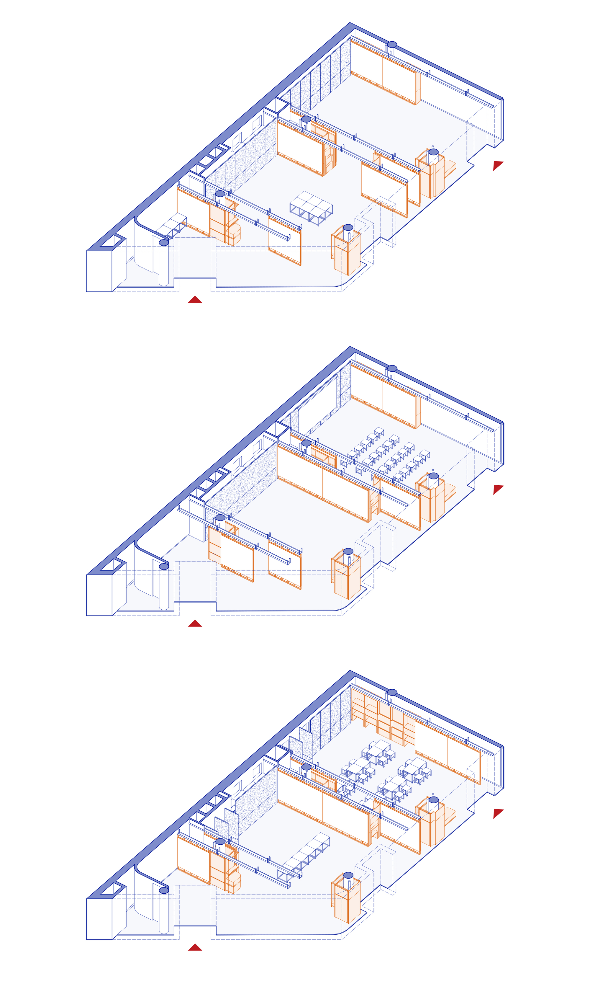 Axonometric drawing showing three configurations of an open-plan interior with movable partitions and seating