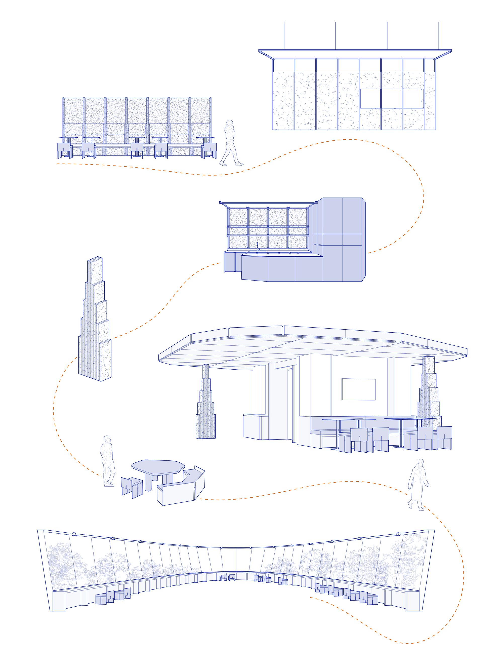 Exploded axonometric diagram showing various pavilion components with human figures for scale