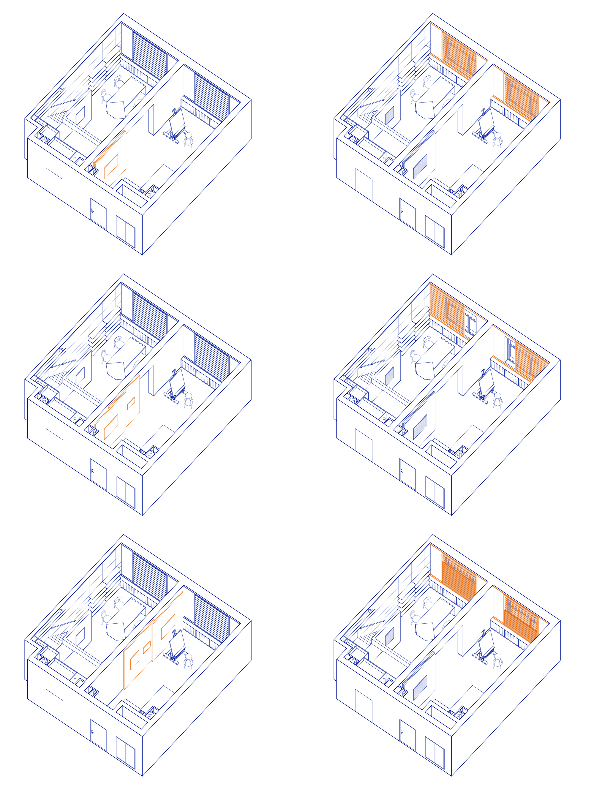 Isometric drawing showing six variations of a two-room unit with different partition configurations