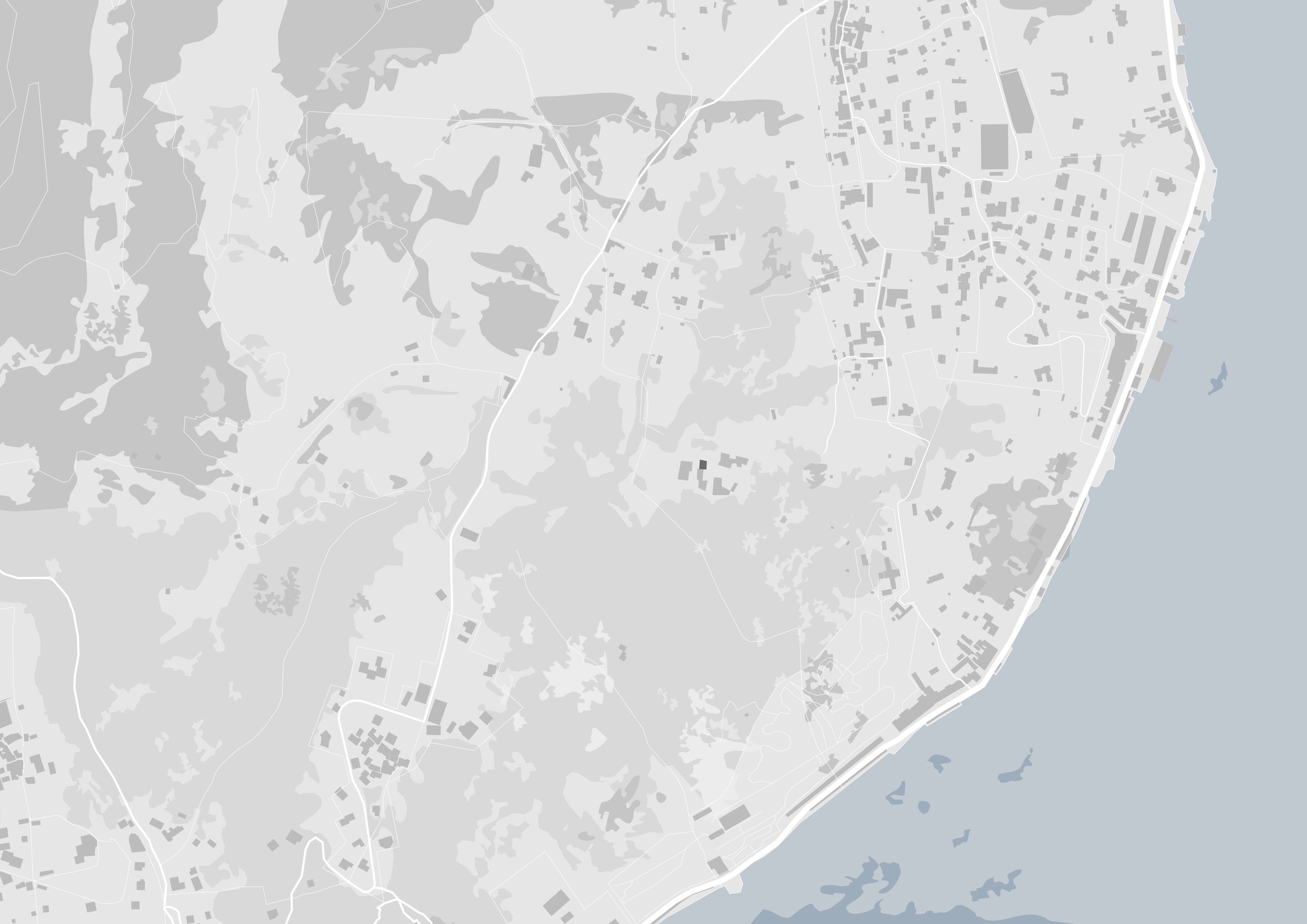 Site plan drawing depicting the coastal settlement with roads, buildings, and topography along the waterfront