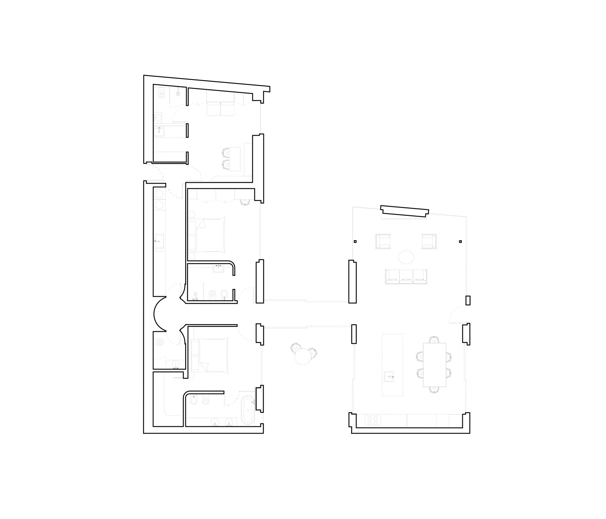 Floor plan drawing showing residential layout with bedrooms on left and open living area on right