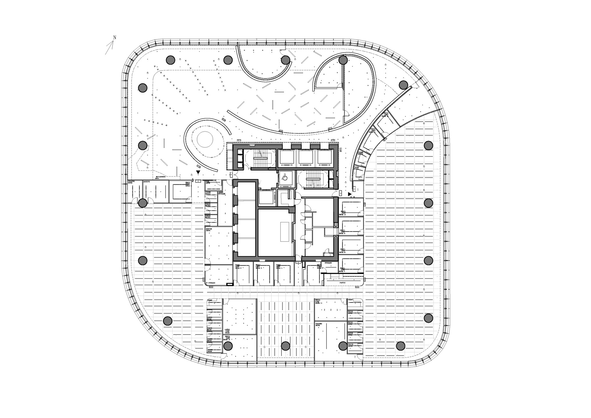 Floor plan drawing showing a central core with surrounding open workspace zones in a rounded square perimeter