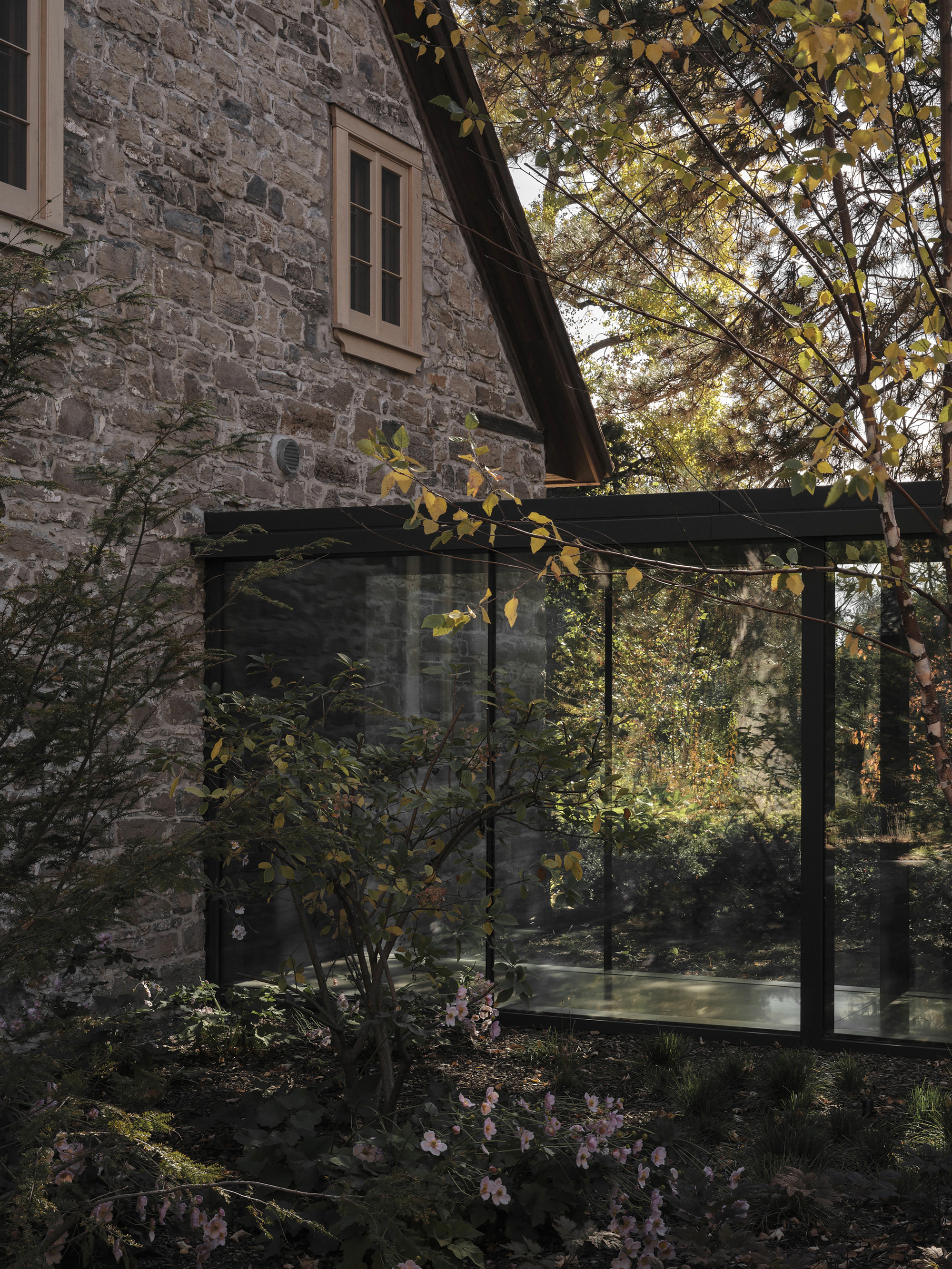 Glass pavilion addition adjoining the stone masonry wall with flowering plants in dappled sunlight