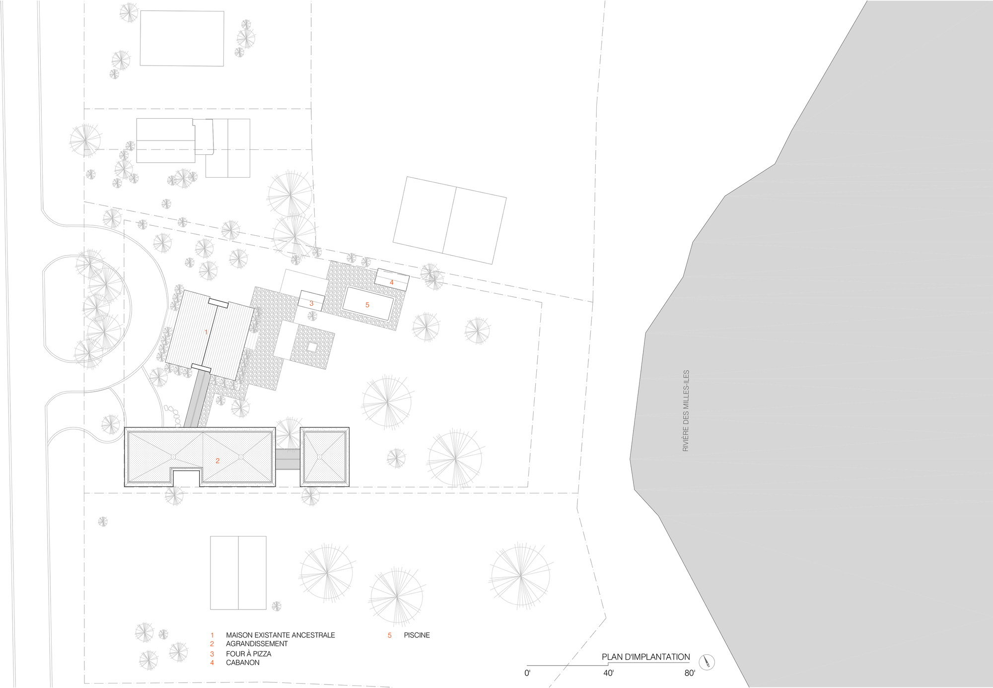 Site plan drawing showing building clusters arranged among landscaped paths and circular tree groupings
