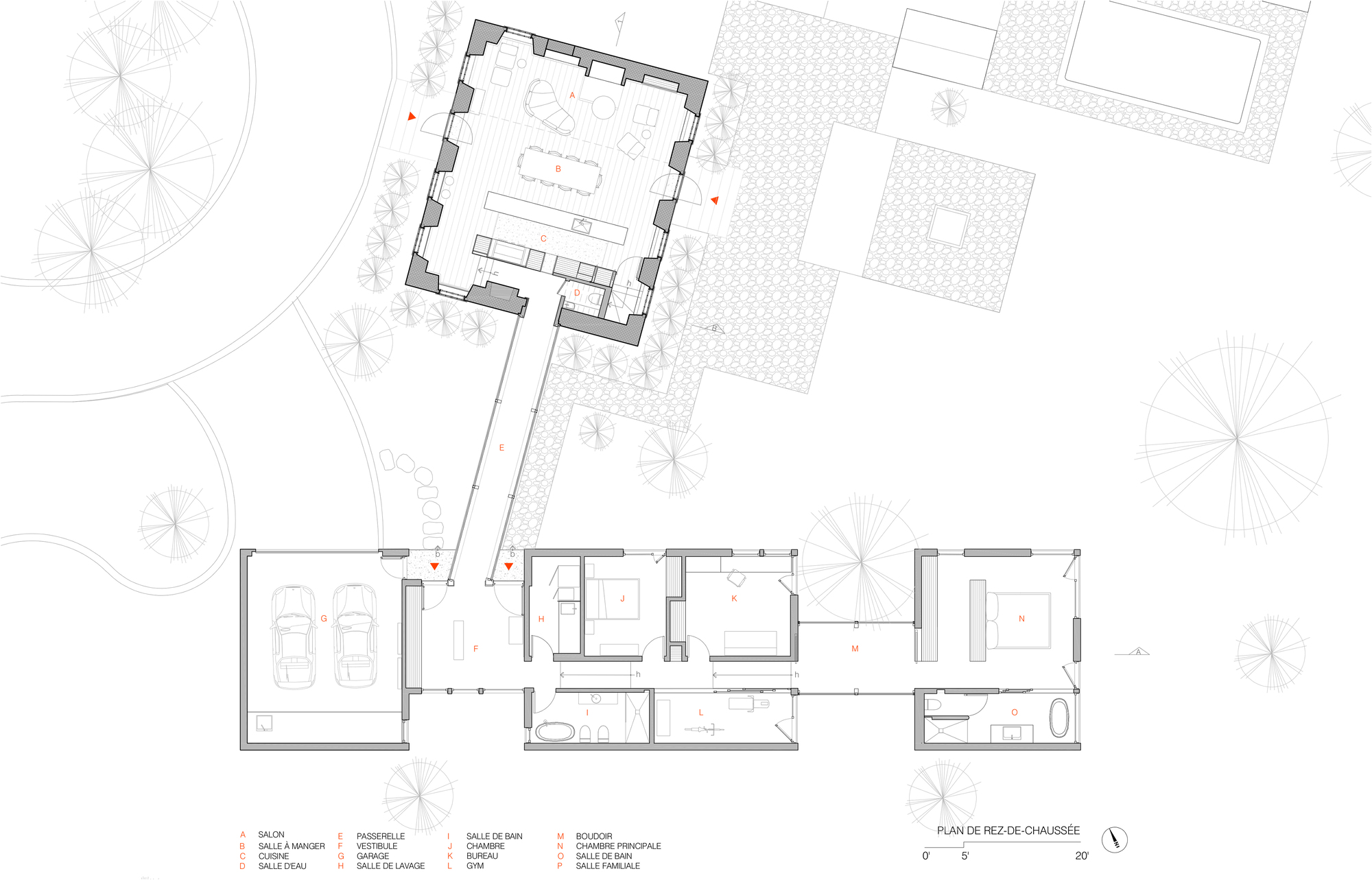 Ground floor plan drawing depicting garage, living spaces, and a square volume with surrounding paved terrace
