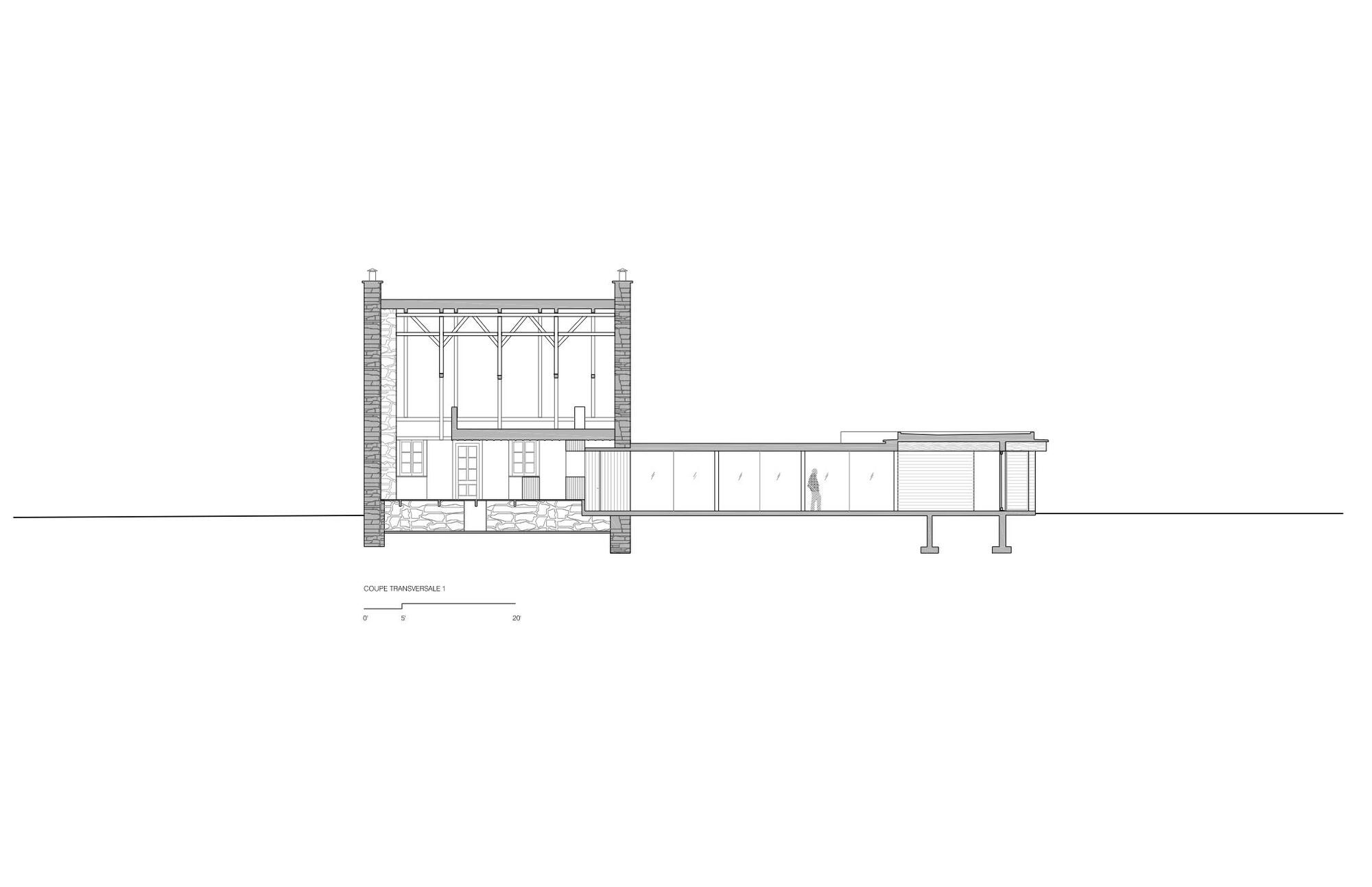 Transverse section drawing revealing the two-storey masonry volume with arched openings connected to lower extension