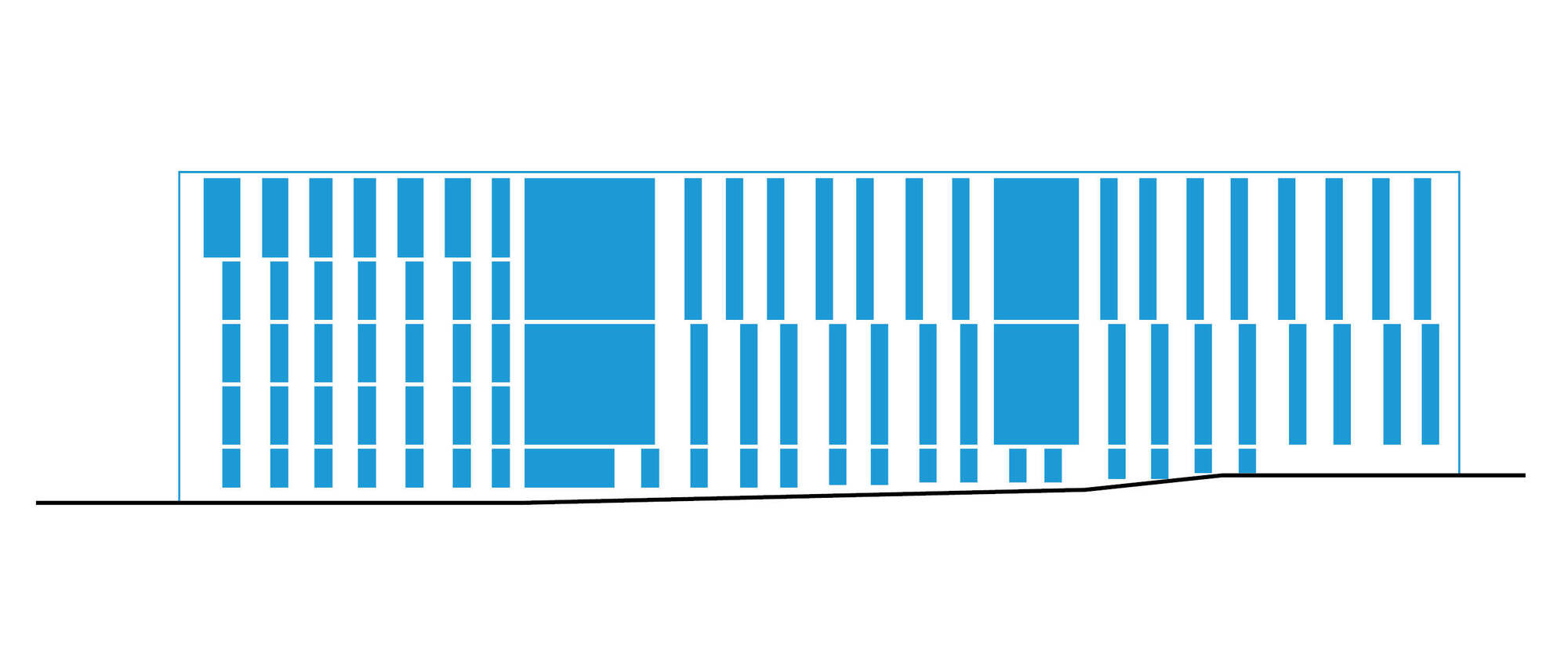 Elevation drawing showing a rhythmic facade of vertical blue louvers with larger glazed panels