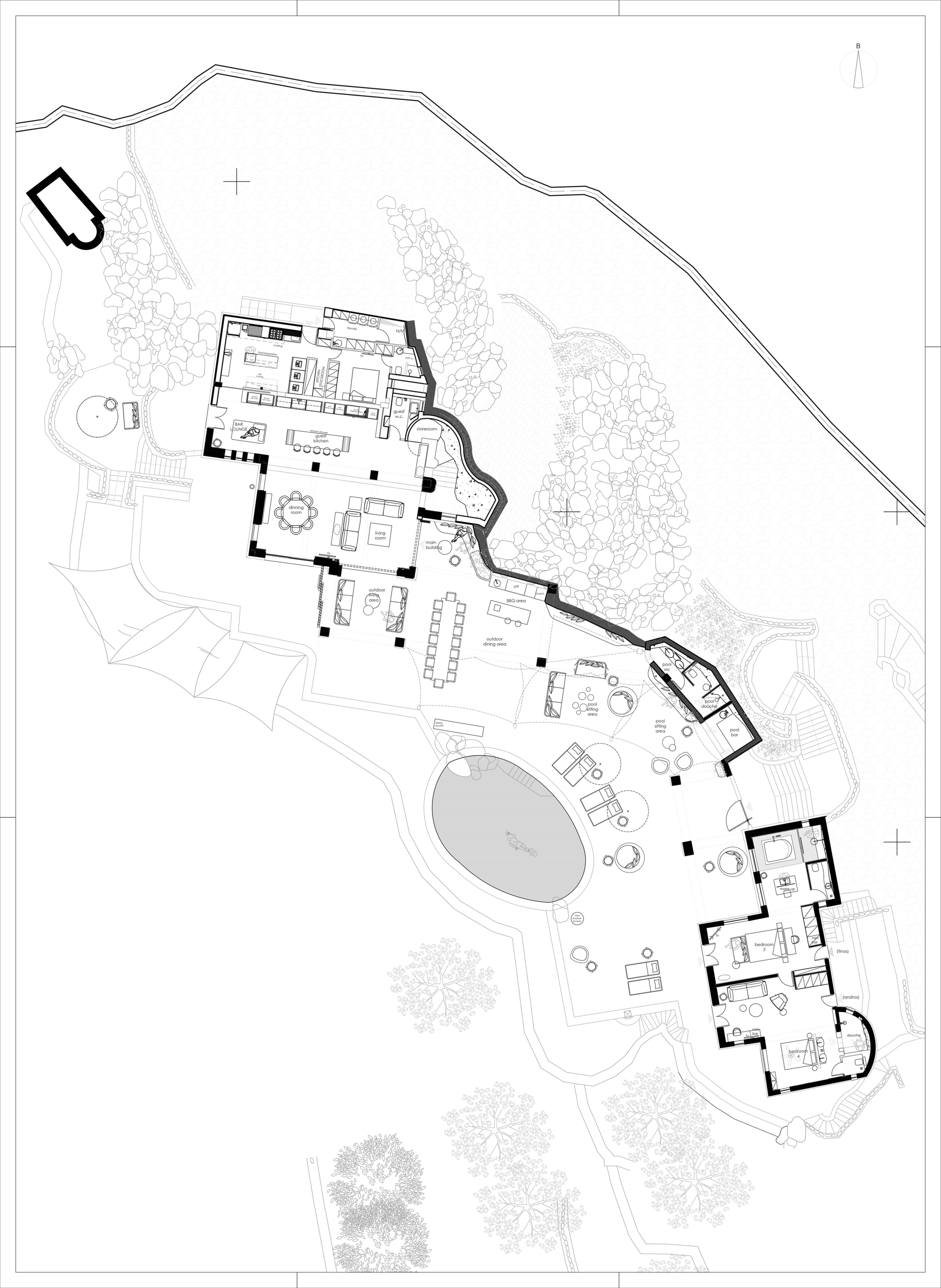Site plan drawing showing angular residence wrapping around an oval pool with scattered trees across sloping terrain