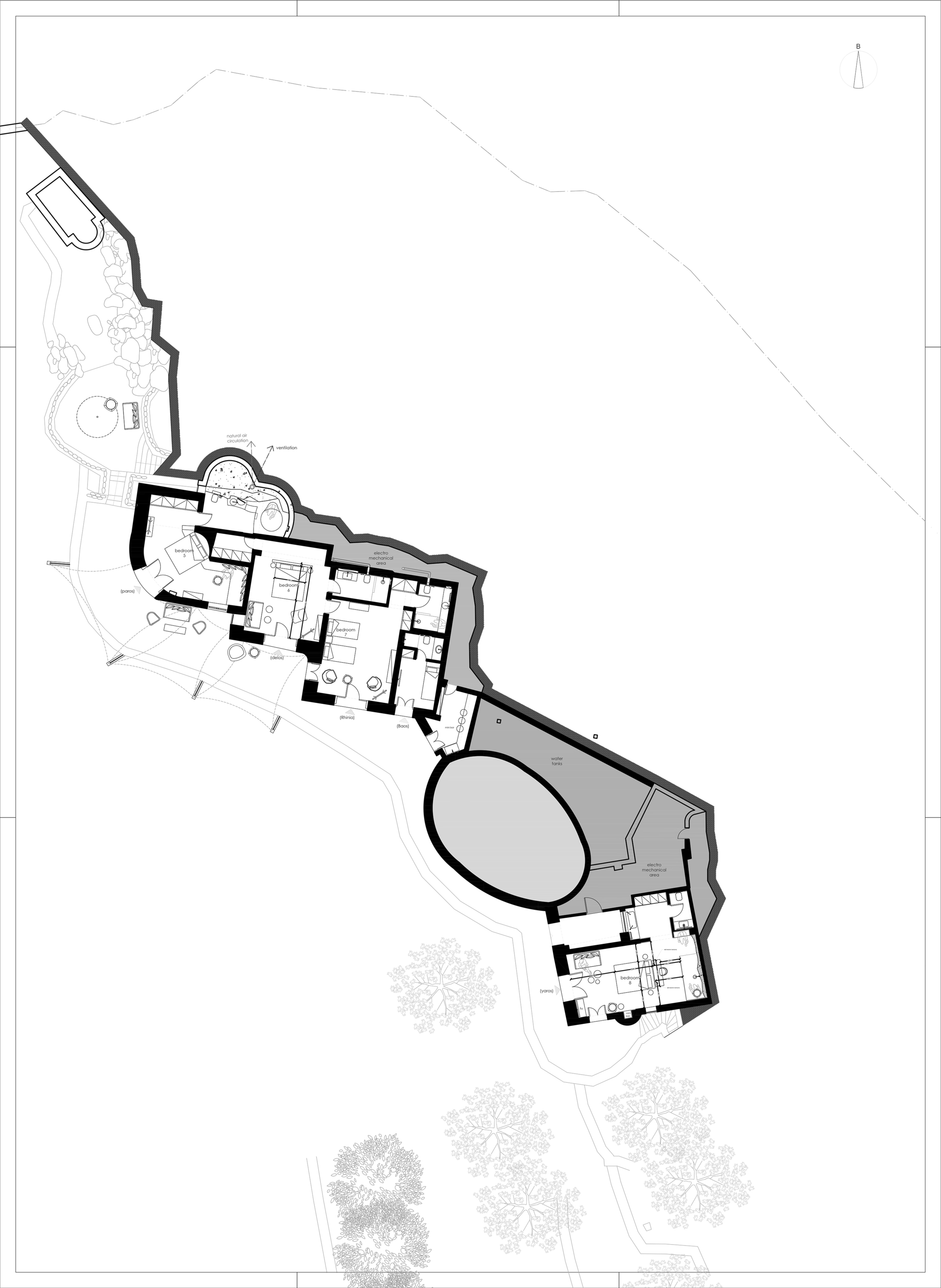 Floor plan drawing showing a linear wing with bedrooms and spa facilities organized around an oval pool