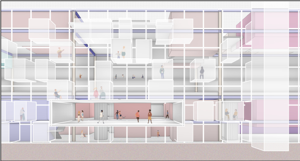 Sectional perspective illustrating vertical stacking of movable units and interconnected communal spaces within the bridge system.