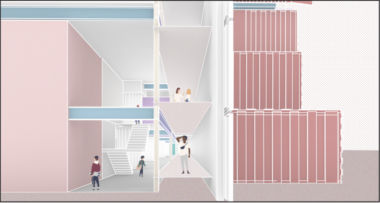 Interior sectional detail highlighting circulation, shared platforms, and the spatial relationship between private units and public zones.