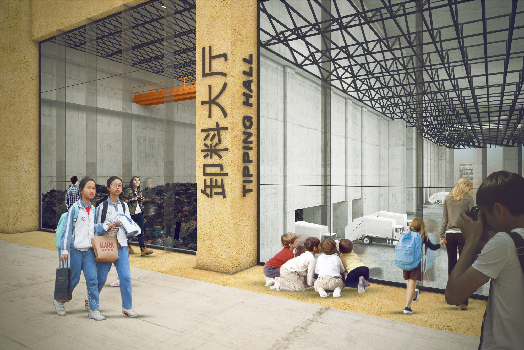 Interior view of glass display walls and exposed truss ceiling with visitors gathered near the exhibits