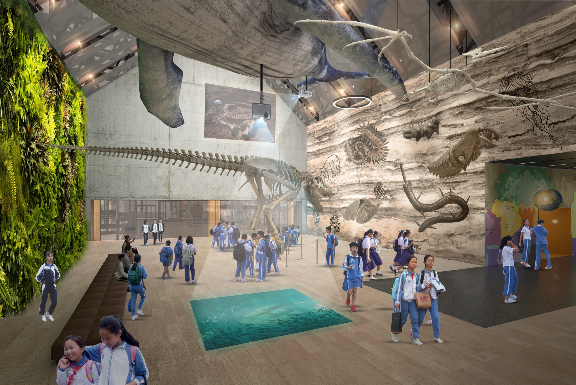 Museum hall with suspended whale skeleton and vertical green wall alongside visitors on polished floor