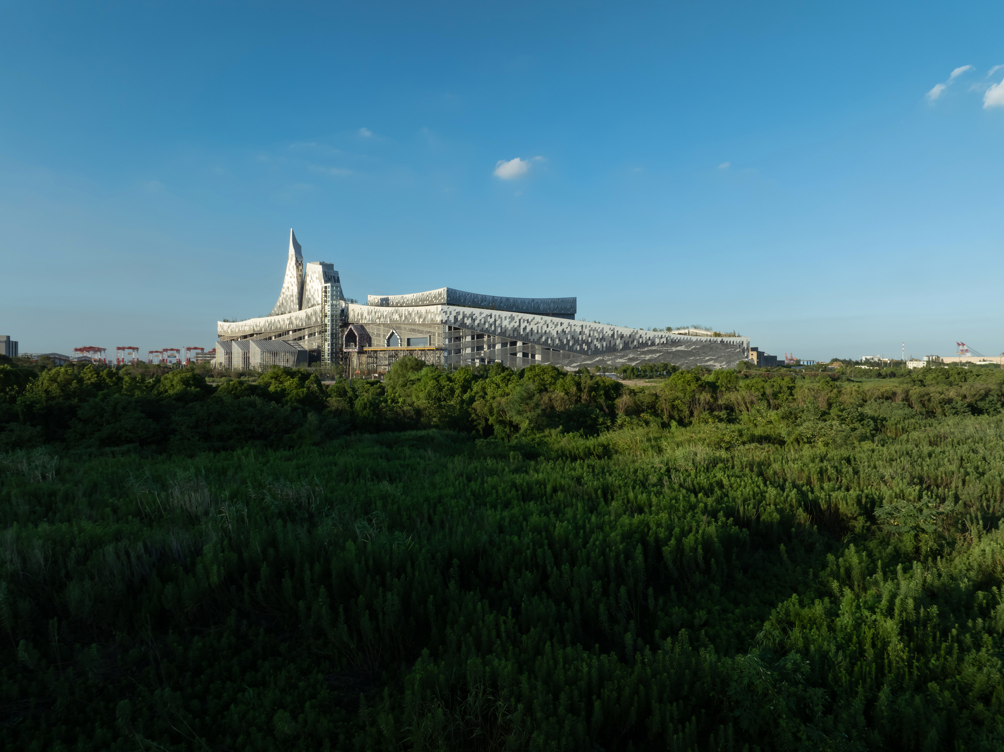 The complex viewed from a field of green vegetation in late afternoon light