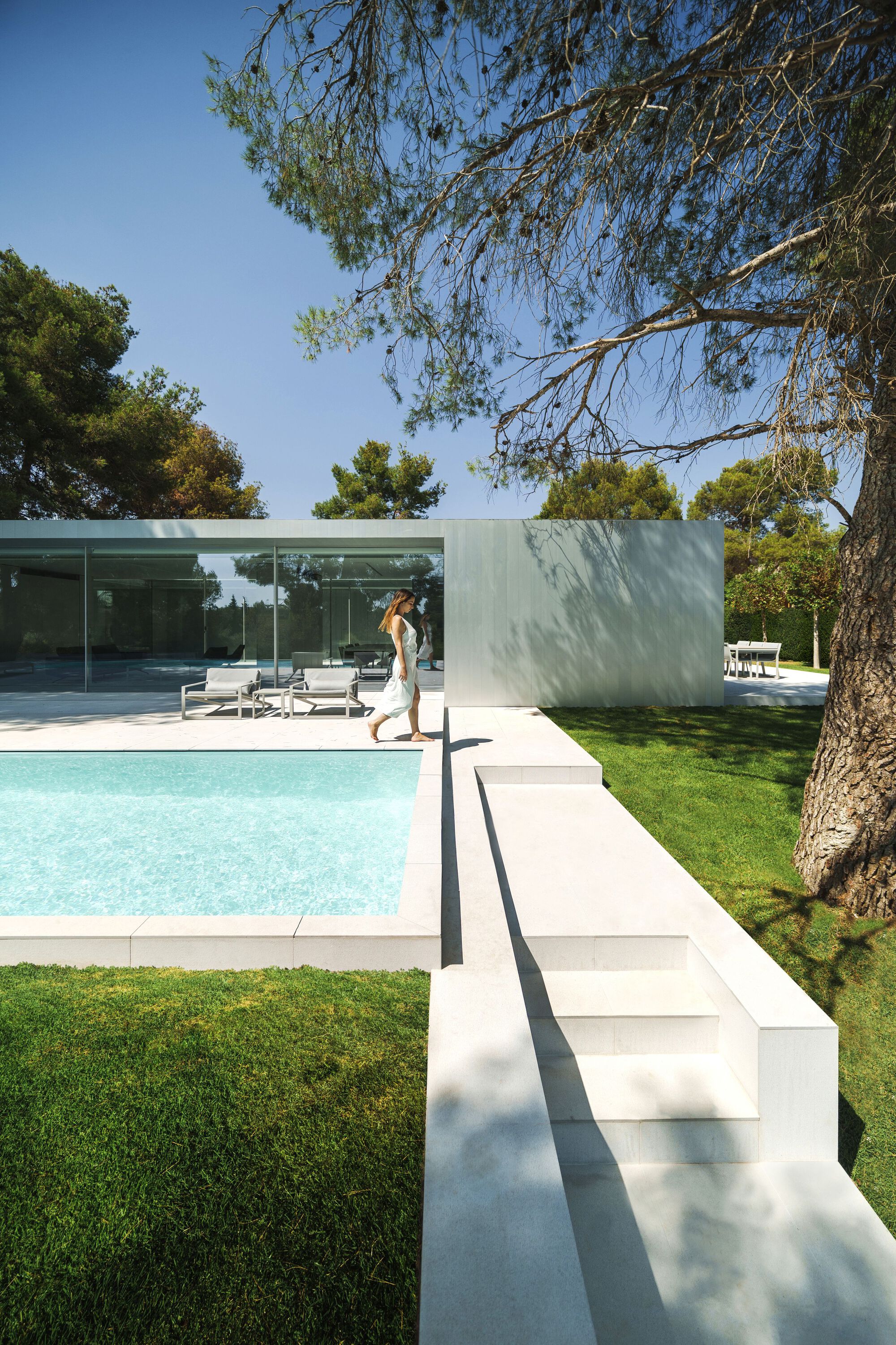 White concrete steps descending to the pool terrace alongside glass pavilion and established pine trees