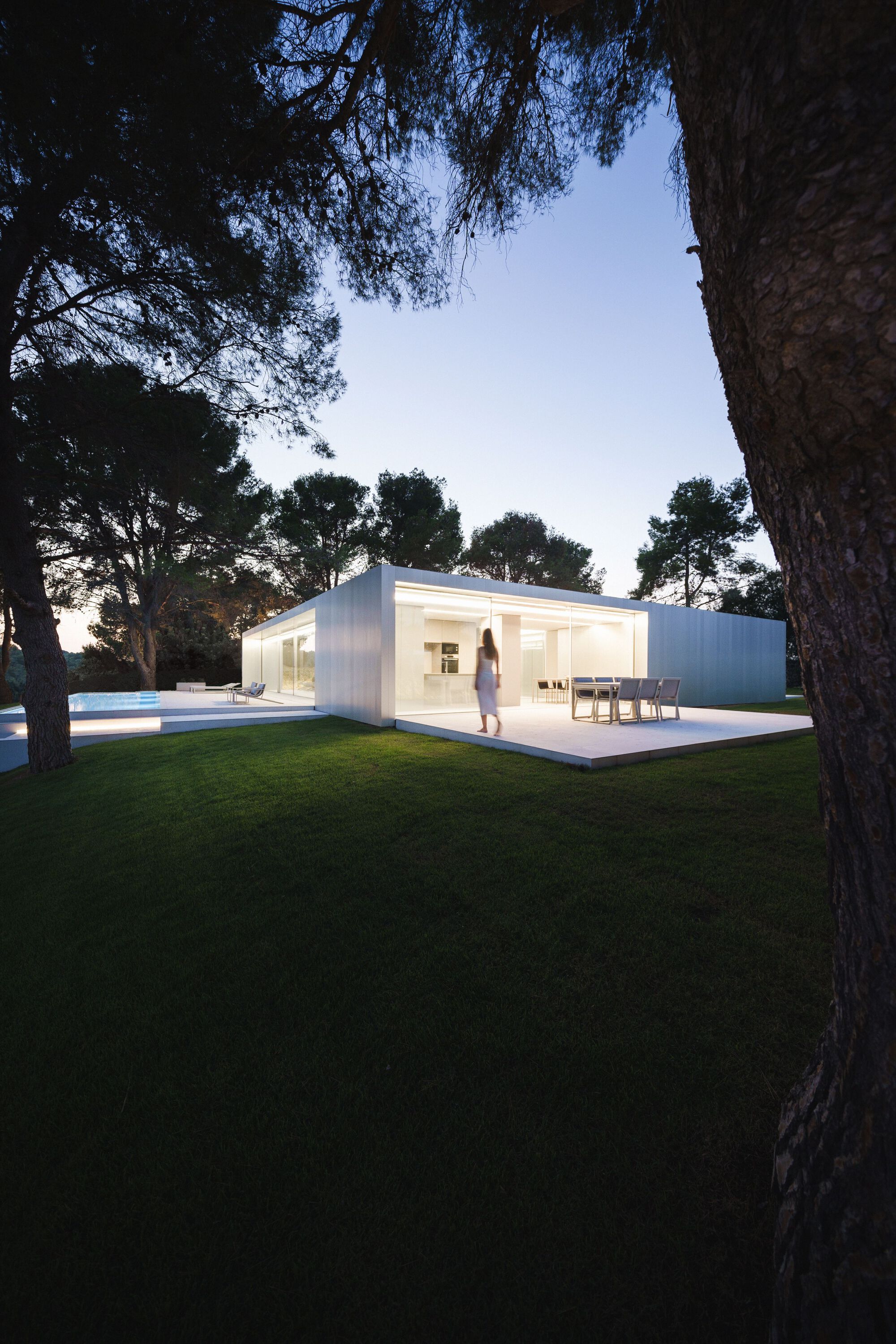 White single-story pavilion with full-height glazing framed by pine trees at dusk