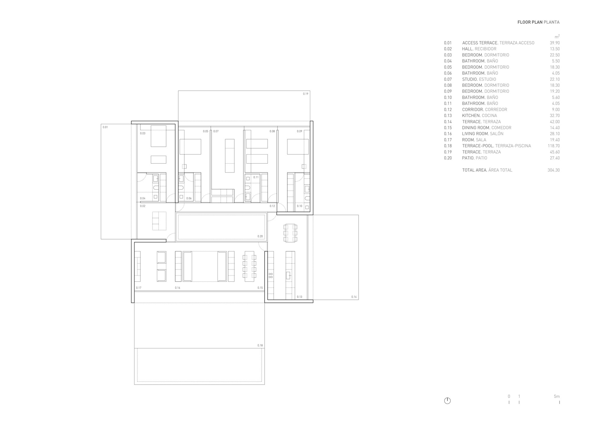 Floor plan drawing of an L-shaped residence with bedrooms along one wing and living spaces along the other